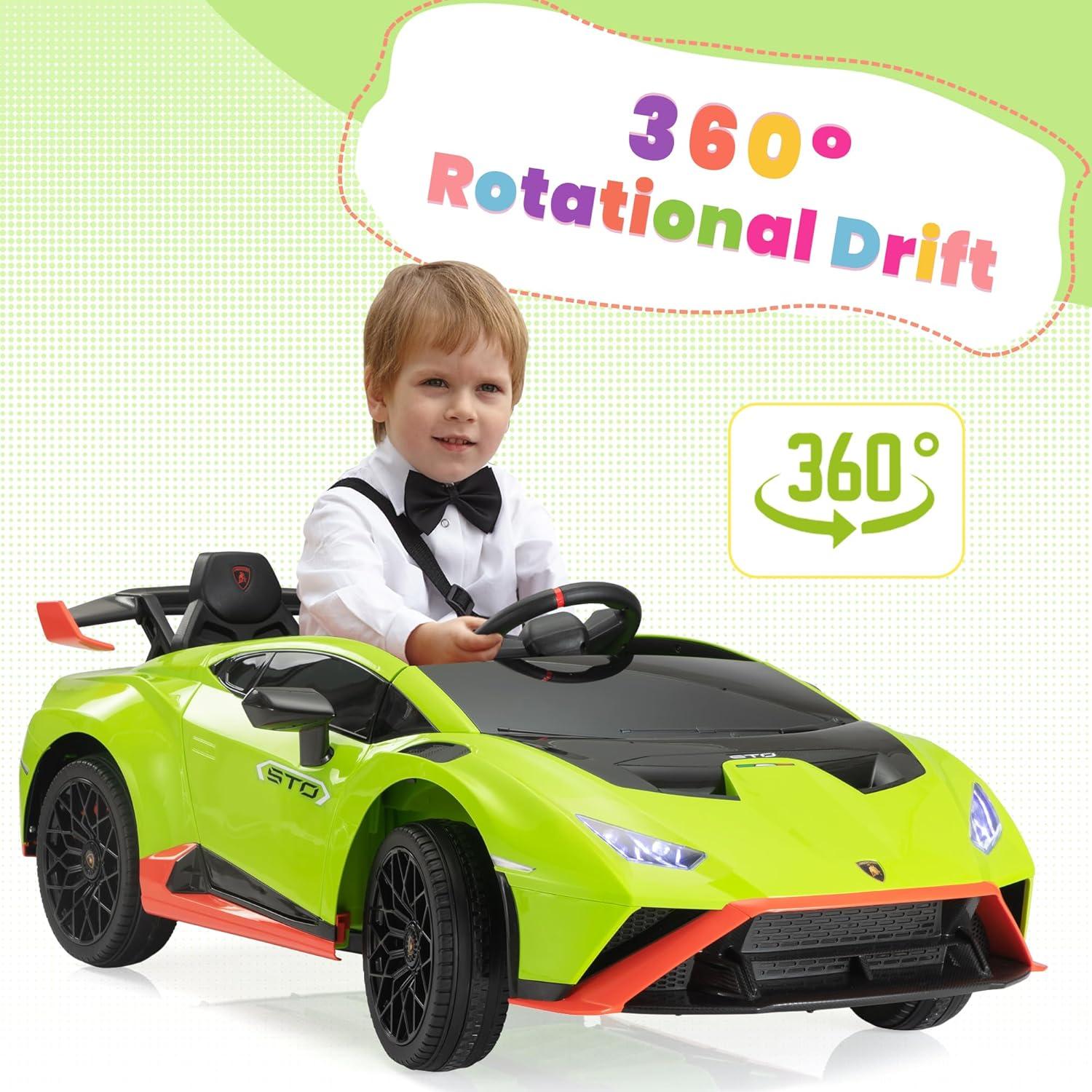 Track 7 12V Kids Ride on Car, Licensed Lamborghini STO Electric Car for Kids Age 3+, Remote Control, Music, Motorized Drift Electric Vehicle, Max Speed 5mph, Green