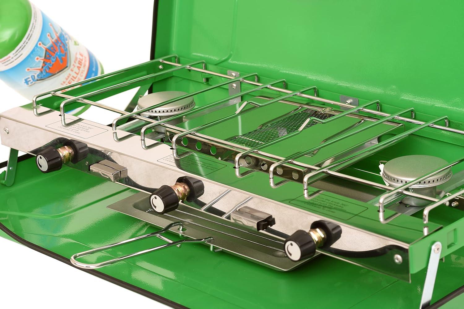 Flame King 3-Burner Portable Camping Stove Grill w/ Toast Tray, Compatible with 1LB Propane Tanks