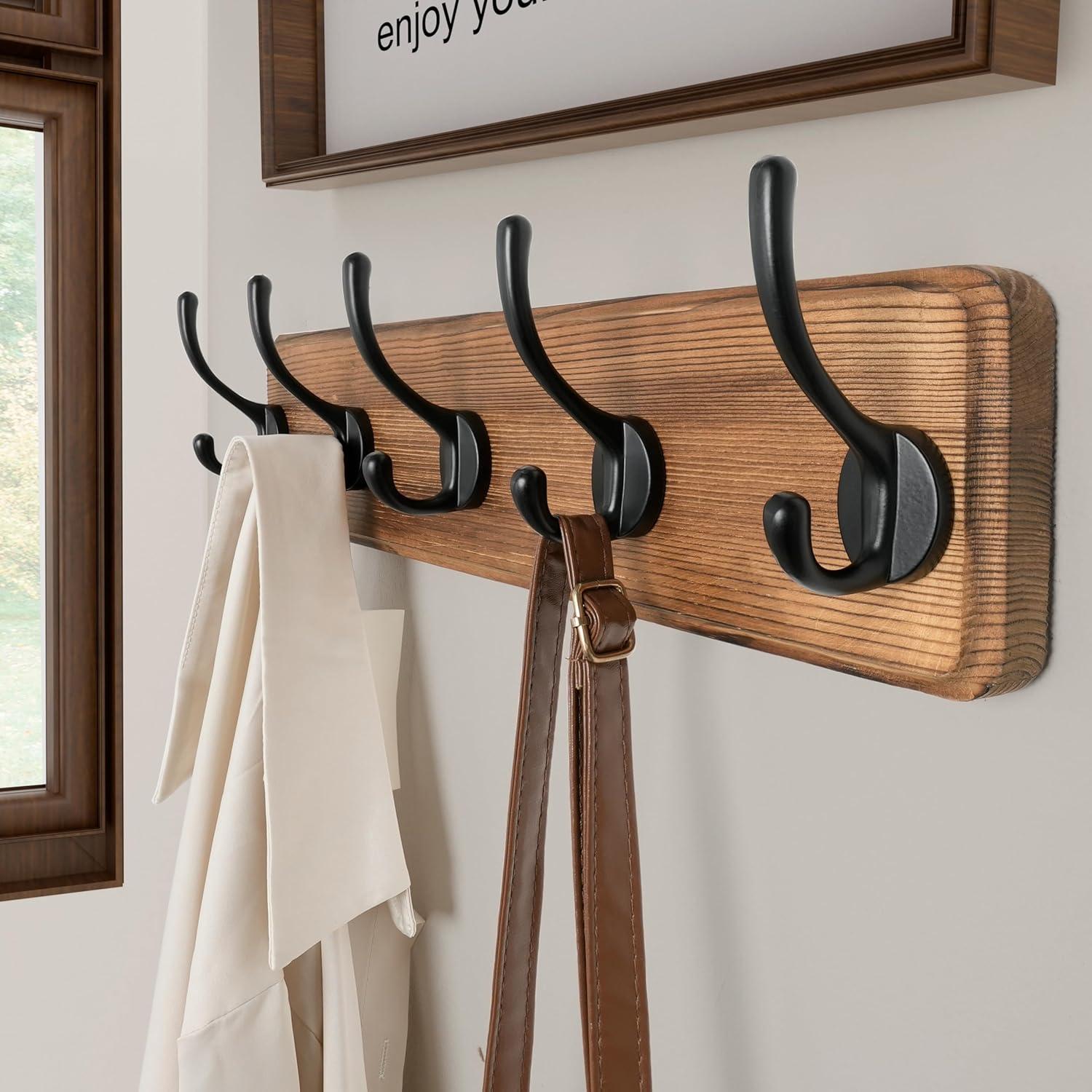 Rustic Distressed Pine Wall Mounted Coat Rack with Black Hooks