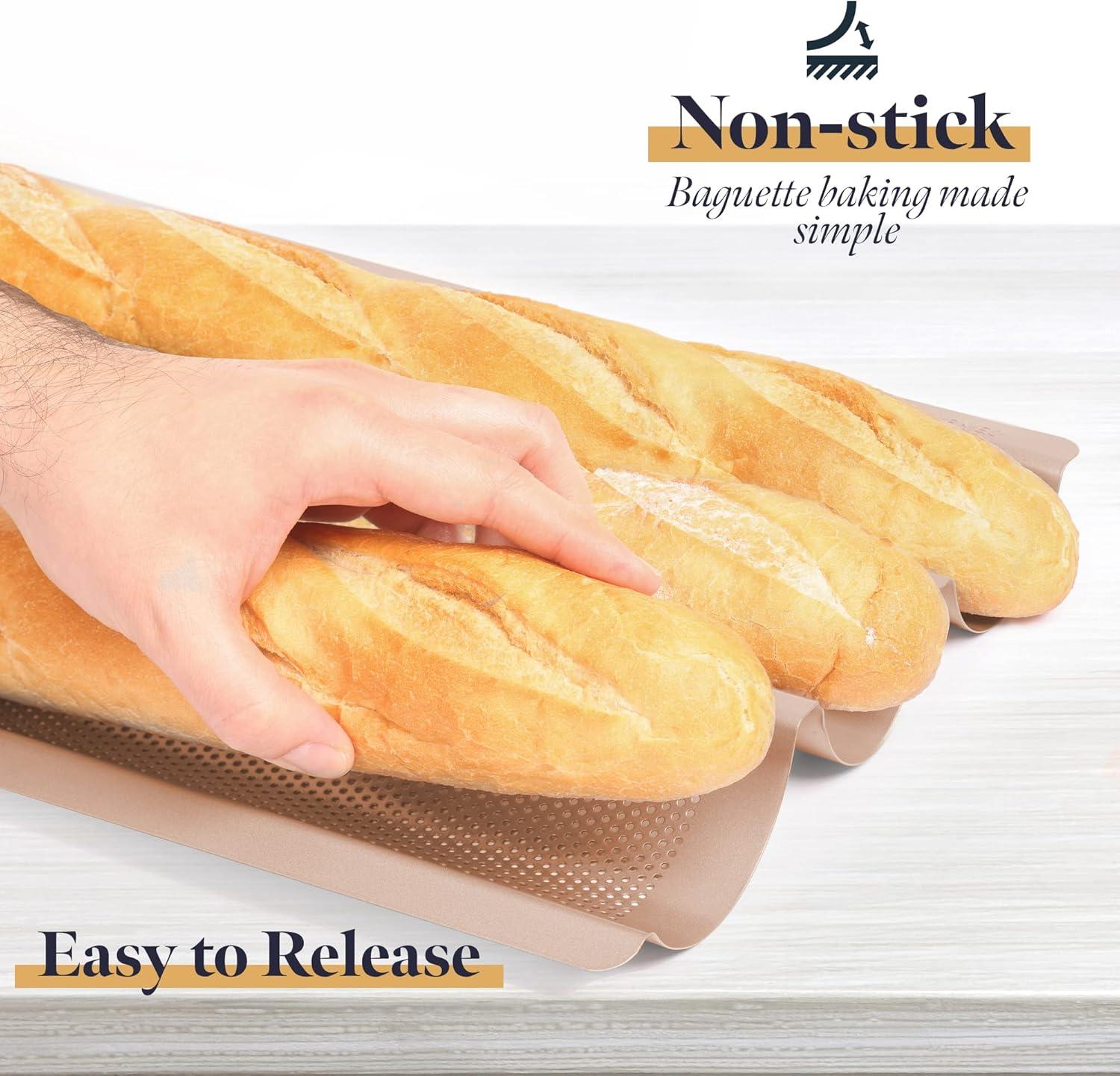 GOURMEO Baguette French Bread Baking Pan Bread Making & Baking Supplies, 3-Mold Champagne