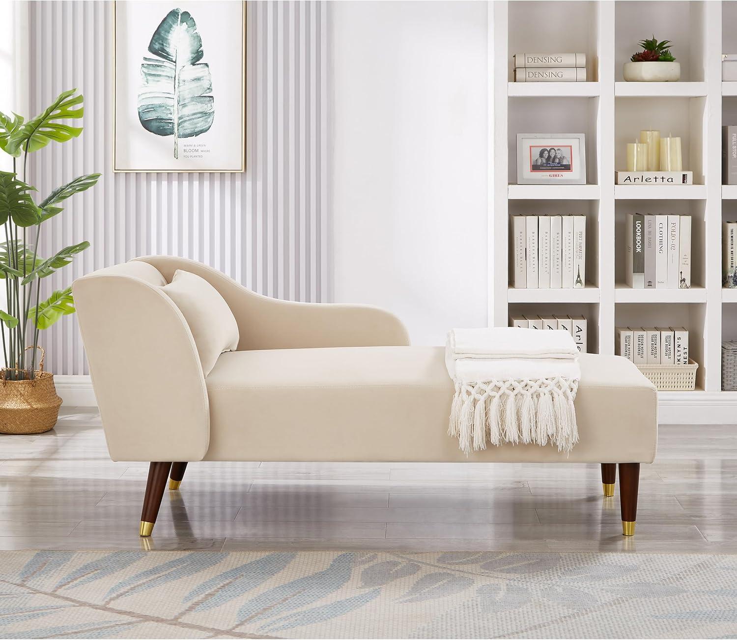 Beige Velvet Upholstered Chaise with Solid Wood Legs