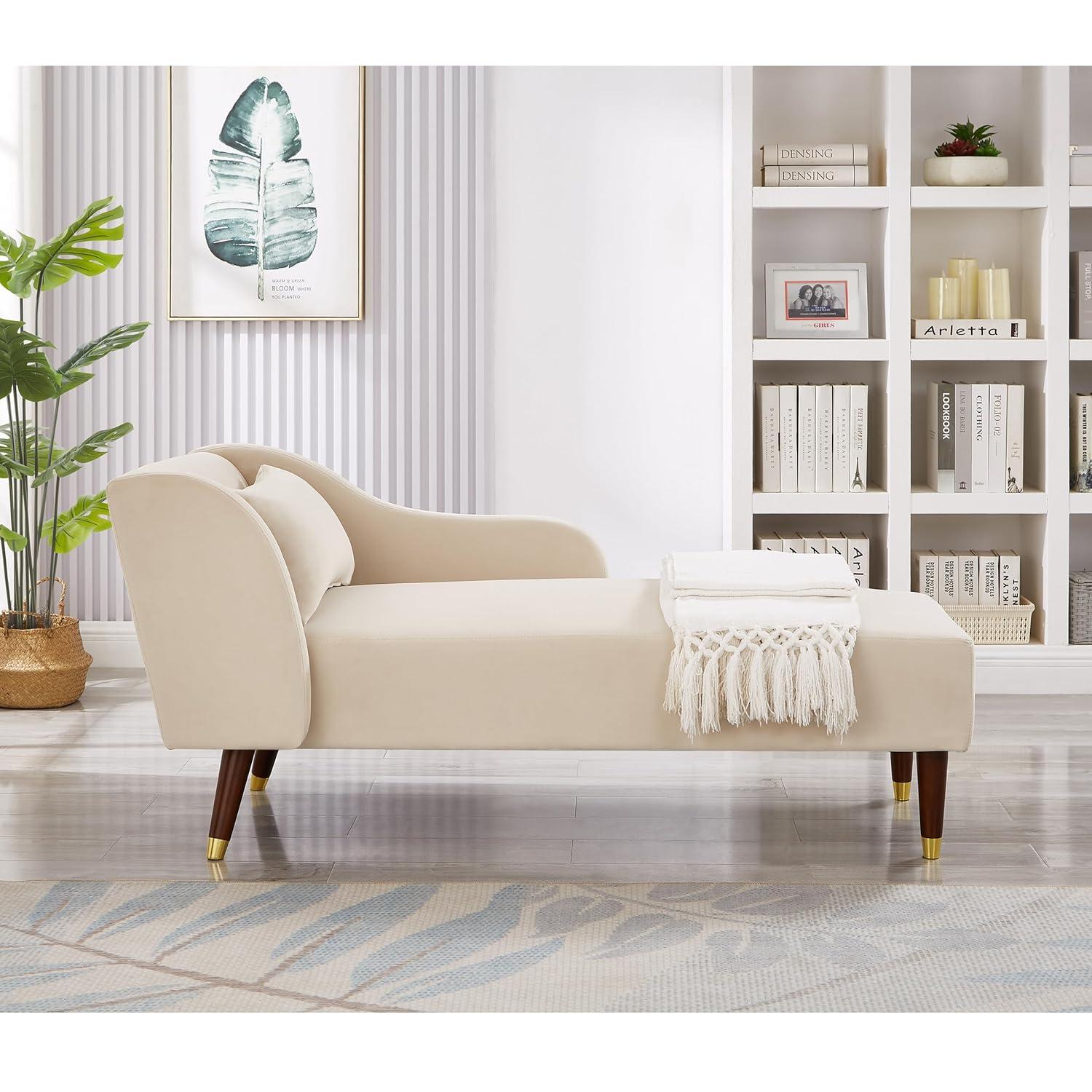 Chaise Lounge Indoor, Velvet Upholstered Lounge Chair with Pillow, Solid Wood Legs Modern Chaise Lounge Chair for Living Room Bedroom Office (Beige)