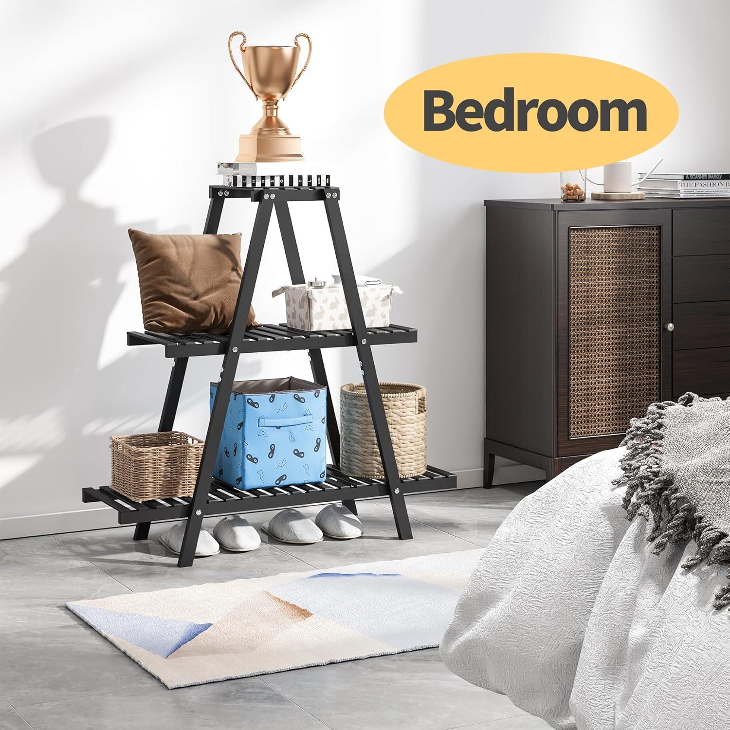 Bamboo Plant Stand Indoor/Outdoor, 3-Tier, Black, Rectangular, 8 Potted Flower Holder Ladder Plant Rack