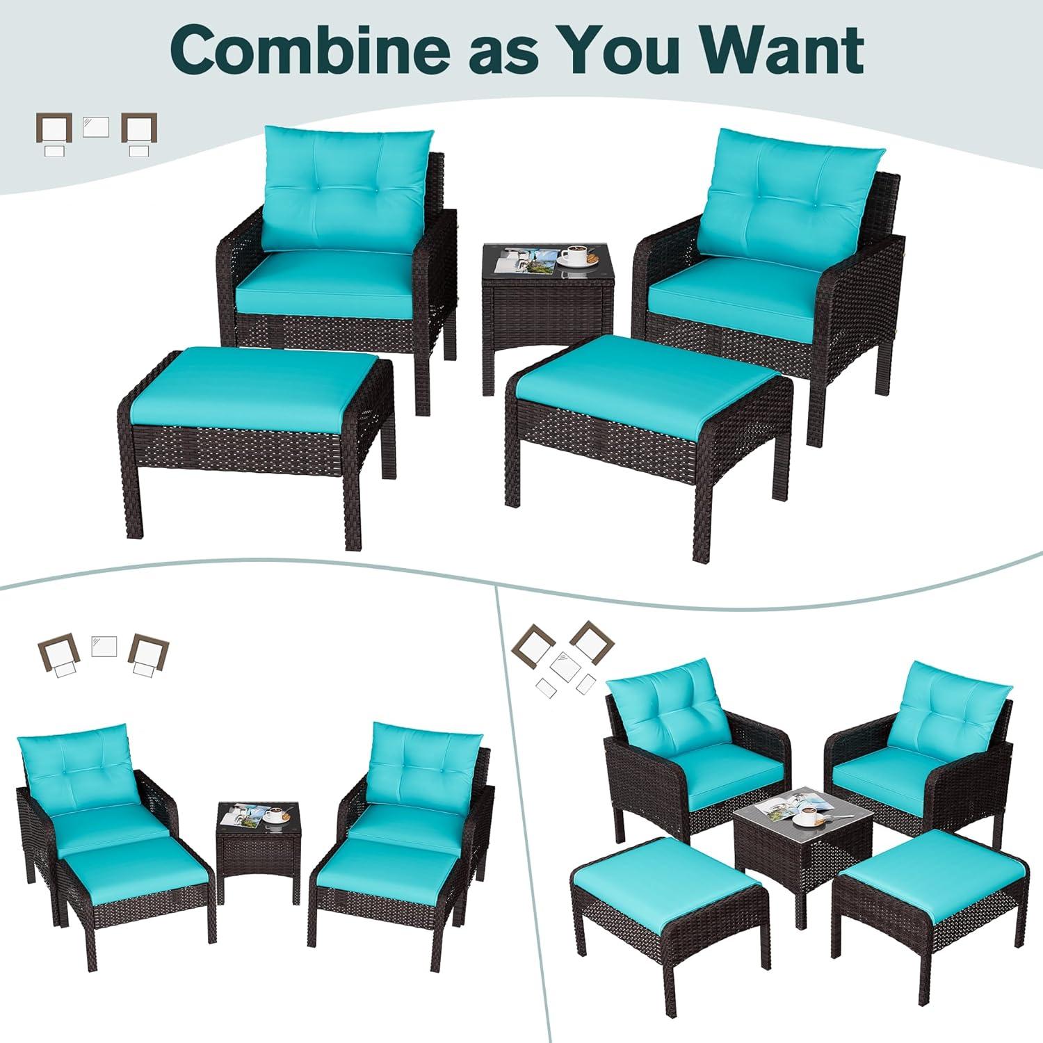 Spaco 5 Pieces Patio Rattan Sofa Ottoman Furniture Set with Cushions, Conversation Set with 2 Single Chairs, 2 Ottomans and A Side Table, Ottoman Furniture Set for Outdoor, Turquoise