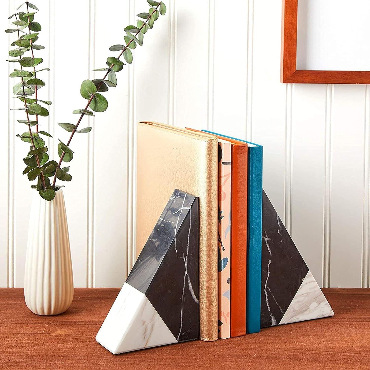 Black Marble Decorative Bookends for Shelves (3.8 x 1.8 x 6 inches, 1 Pair)