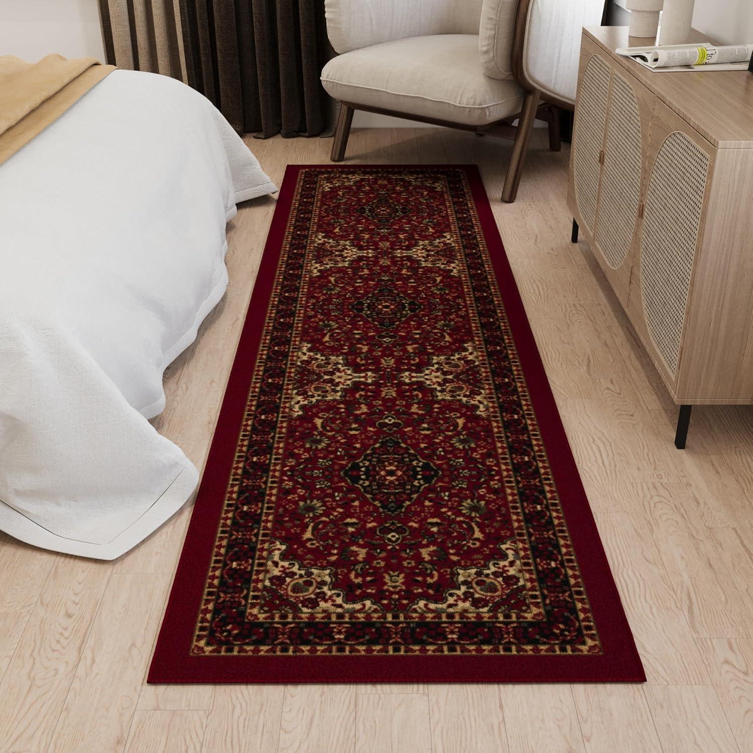 Ottohome Non-Slip Medallion Oriental Area Rug For Living Room, Hallway, Entryway Rug, Dark Red