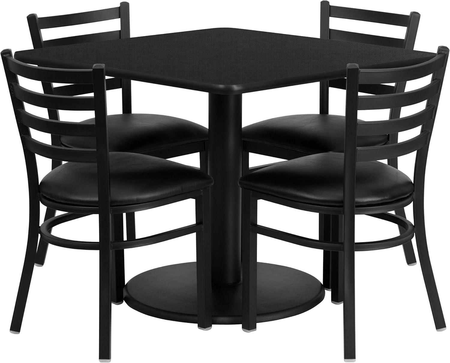 BizChair 36'' Square Black Laminate Table Set with Round Base and 4 Ladder Back Metal Chairs - Black Vinyl Seat