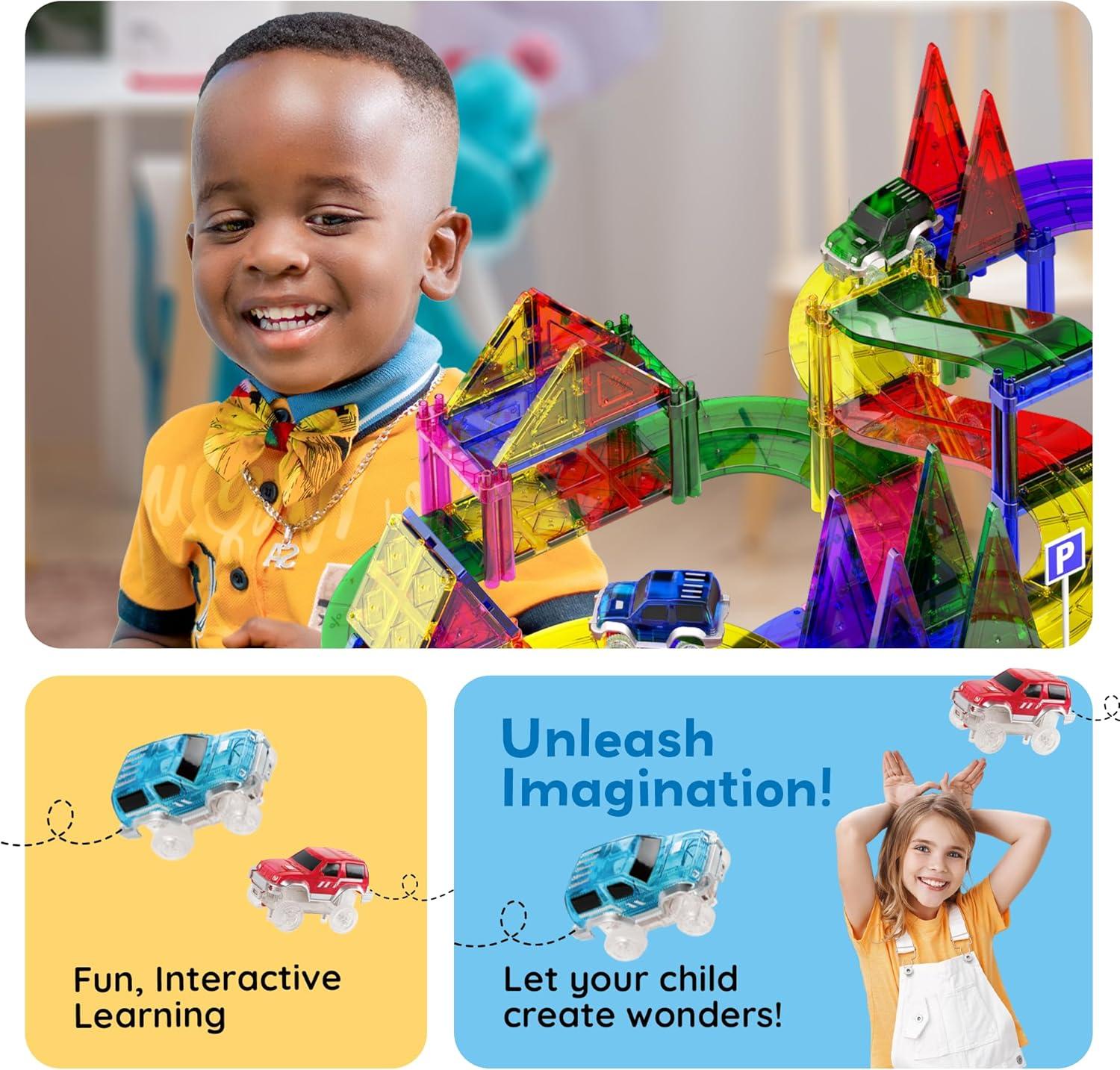 PICASSO-TILES Race Track Magnetic Tiles for Kids, 128PCS with 3 Racing Cars, Construction STEM Building Blocks Educational Toy