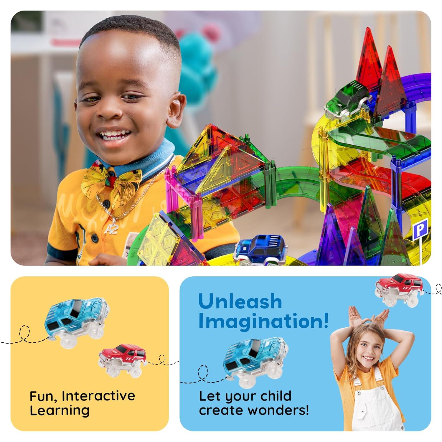 PICASSO-TILES Race Track Magnetic Tiles for Kids, 128PCS with 3 Racing Cars, Construction STEM Building Blocks Educational Toy