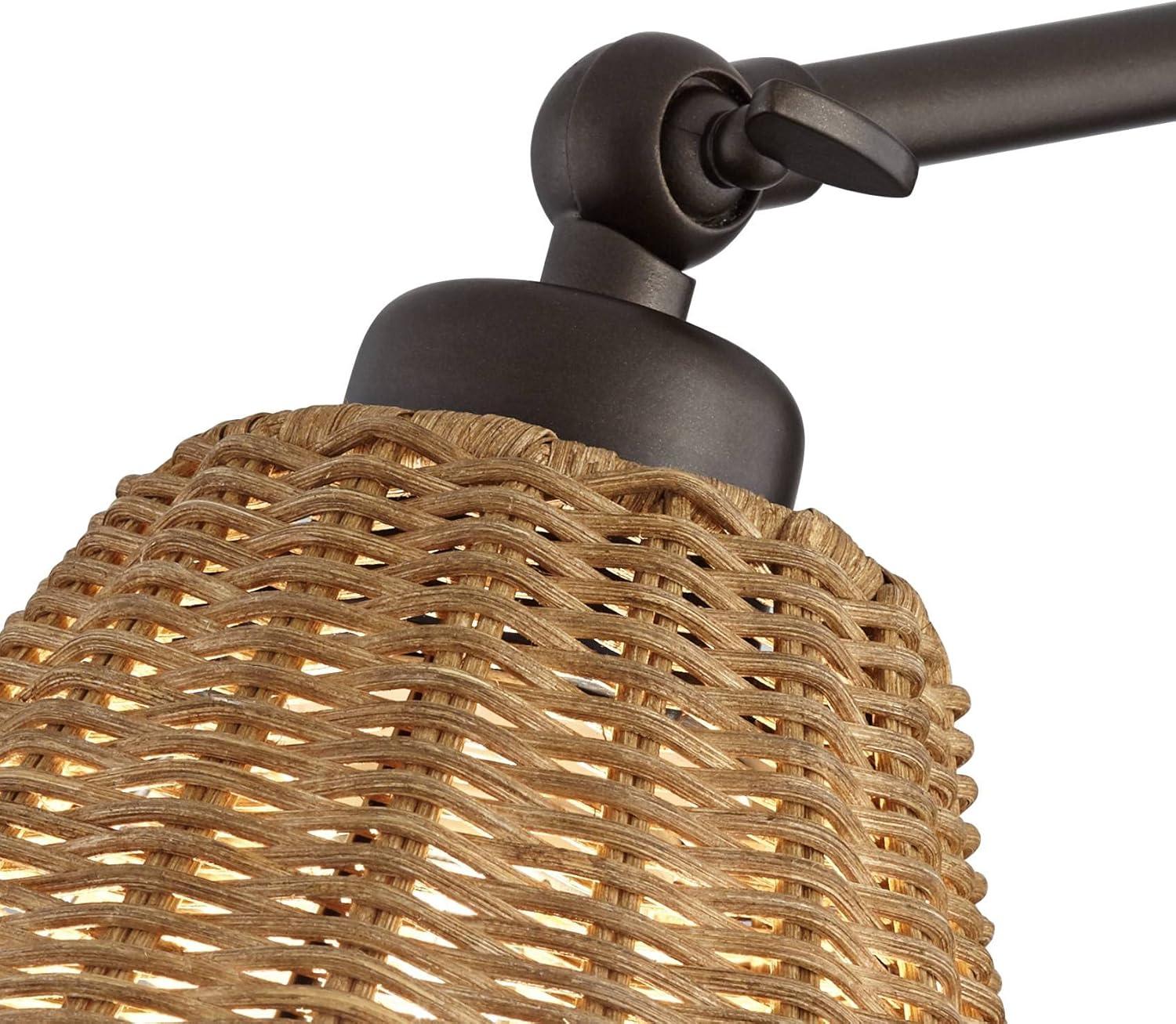 Bronze Mid Century Modern Swing Arm Wall Lamp with Natural Rattan Shade