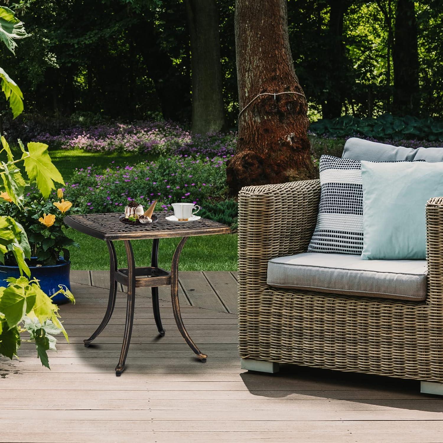 NintyFive 21 Inch Cast Aluminum Outdoor Side Table with Umbrella Hole, Anti-Rust Coffee Bistro Table for Outdoor, Patio, Garden, Porch, Balcony End Table (Square, Bronze)