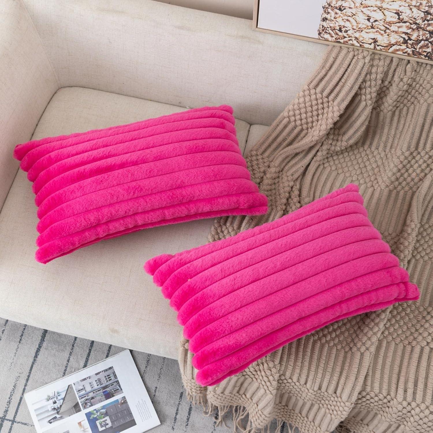 ZLINA Set of 2 Hot Pink Faux Fur Decorative Throw Pillow Covers Fluffy Striped Pillowcase Cushion Covers 12 x 20 Inch Decor Sofa Couch Bedroom