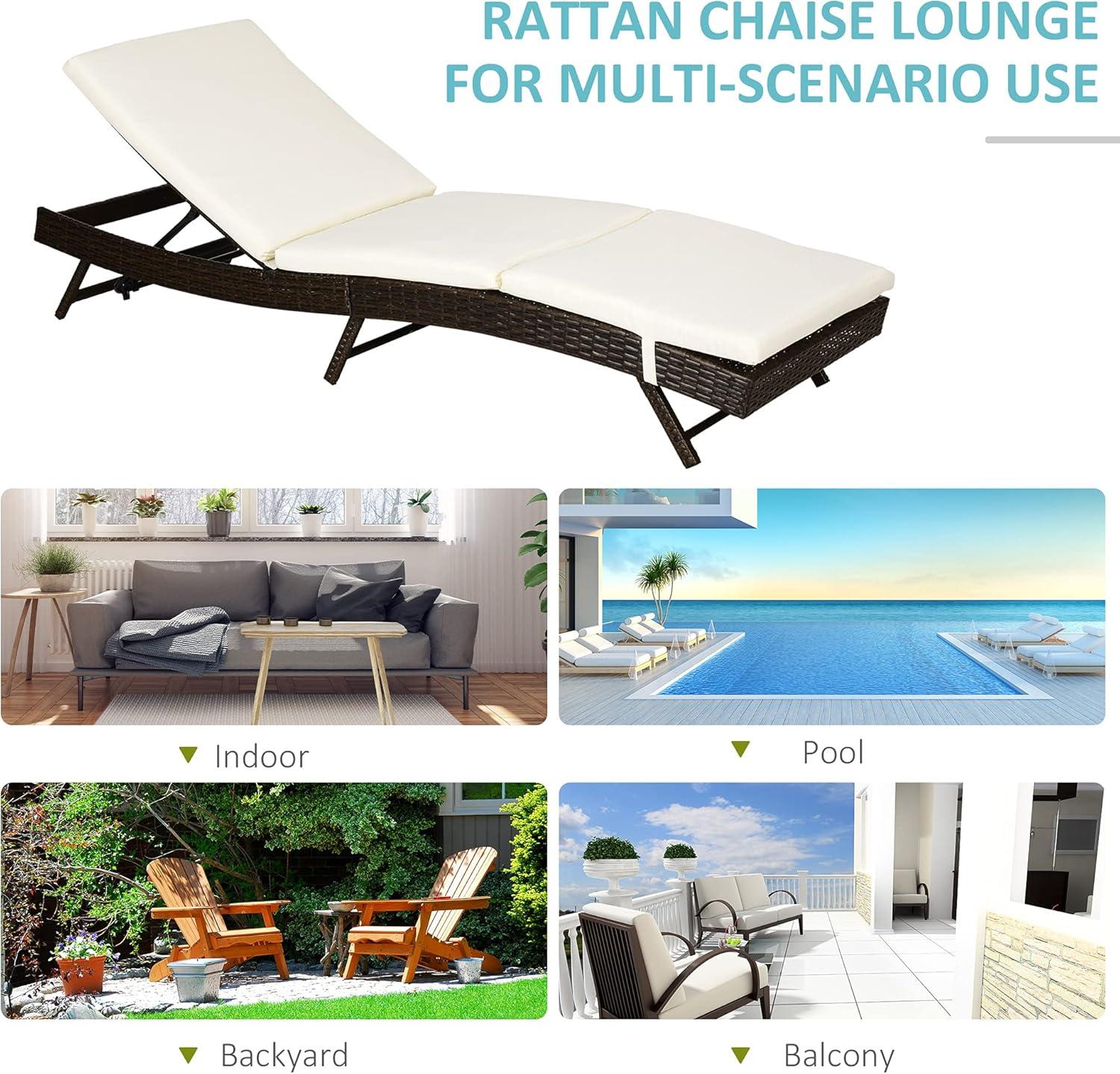 Outsunny Patio Chaise Lounge, Pool Chair with 5 Position Adjustable Backrest & Cushion, Outdoor PE Rattan Wicker Sun Tanning Seat, 28", Cream