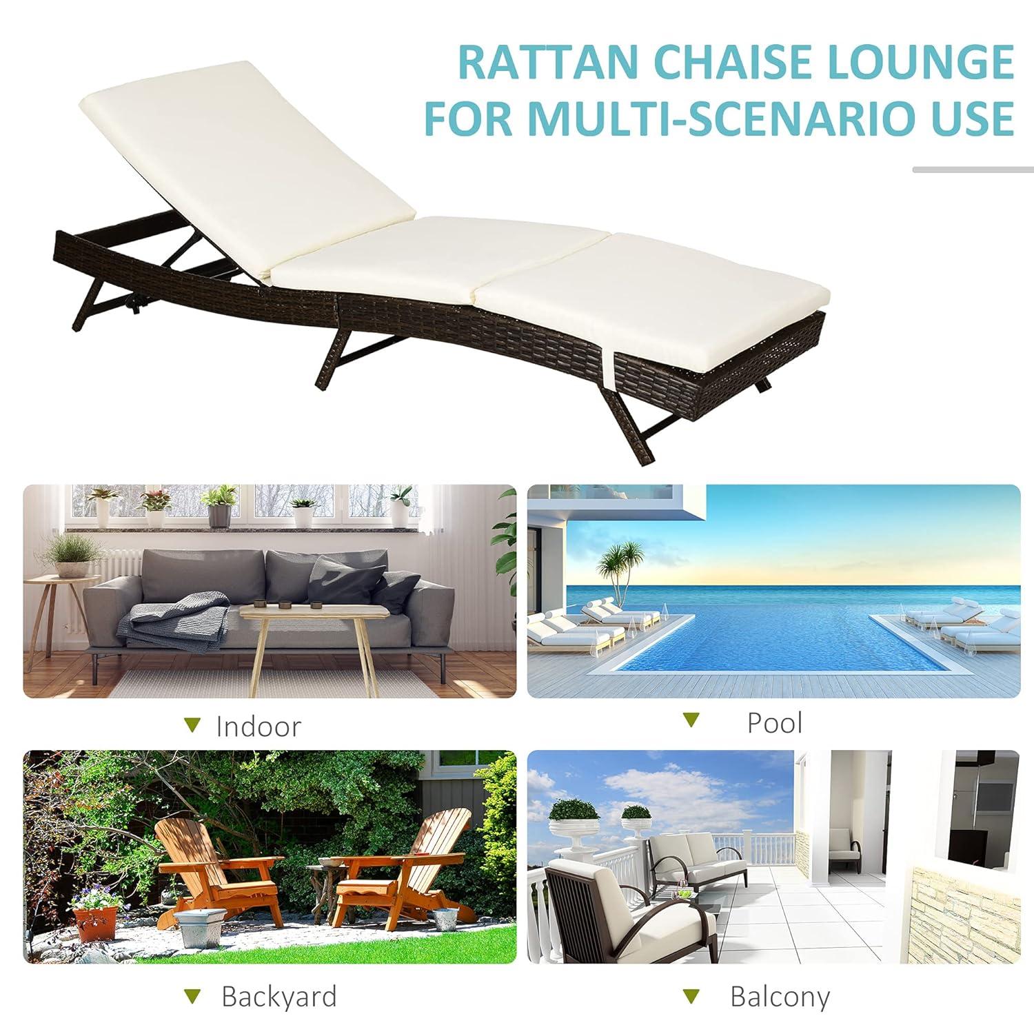 Outsunny Patio Chaise Lounge, Pool Chair with 5 Position Adjustable Backrest & Cushion, Outdoor PE Rattan Wicker Sun Tanning Seat, 28", Cream