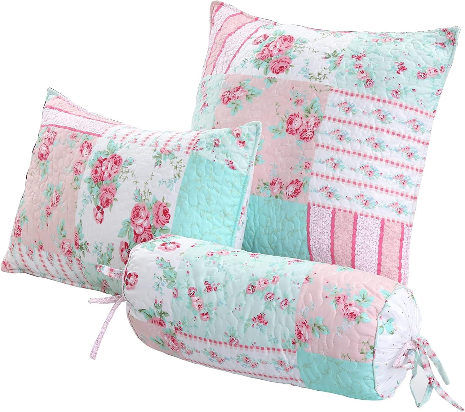 Floral Pink and Blue Polyester 3-Piece Throw Pillow Set