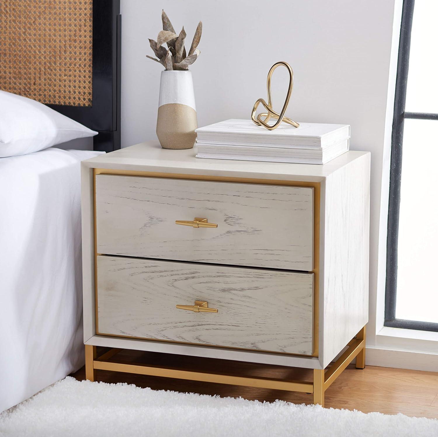 Fenno 2 Drawer Nightstand - NST6401 - White Washed/Brass - Safavieh
