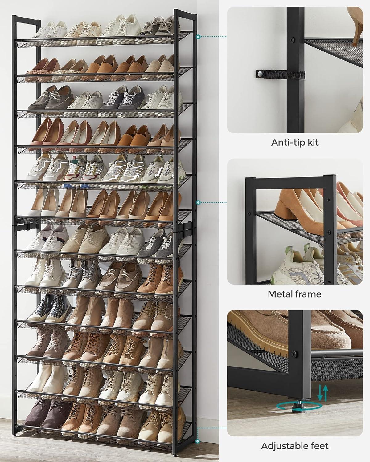 Black 12-Tier Stackable Metal Shoe Rack with Adjustable Shelves