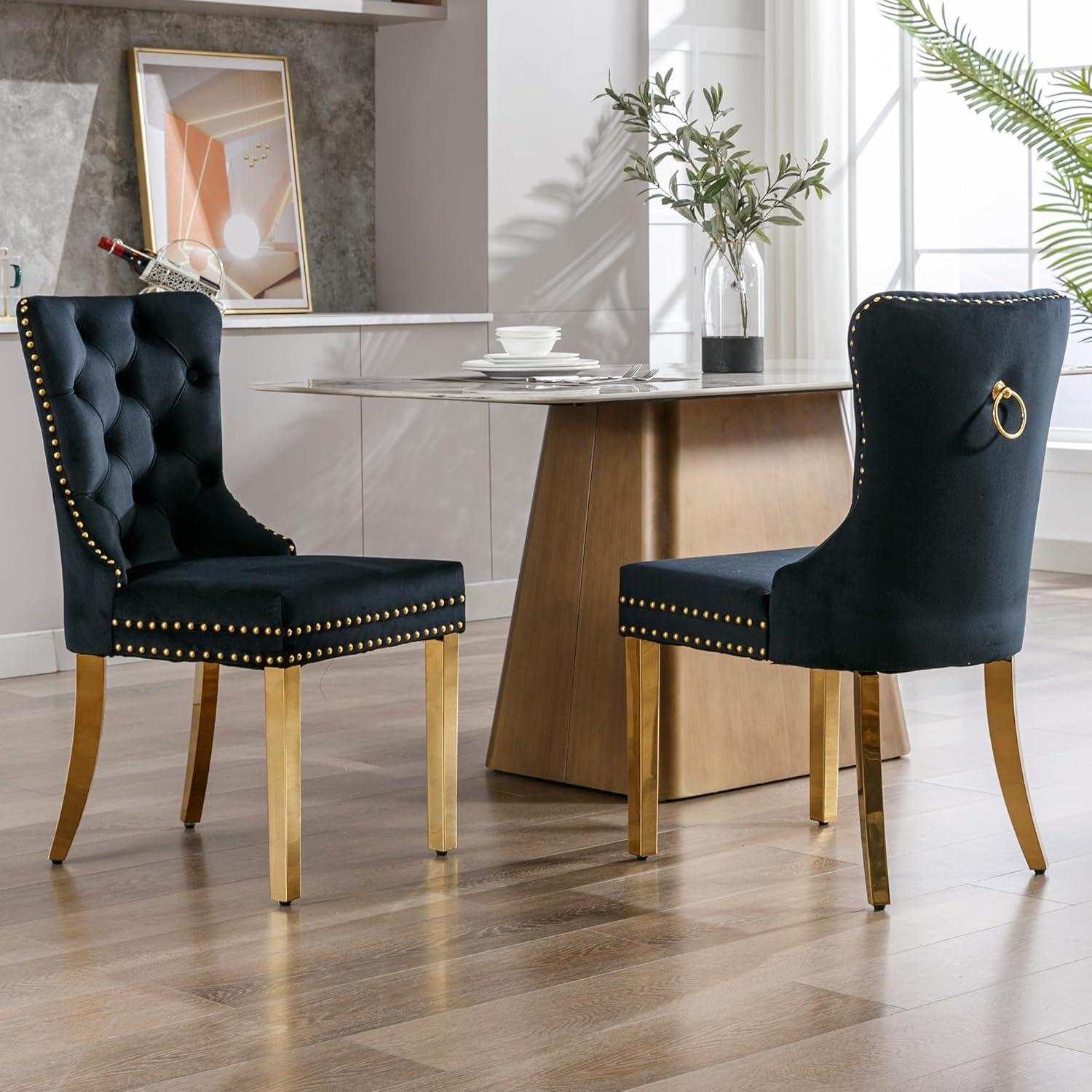 LegaHome Dining Chairs Set of 2, Modern Upholstered Velvet Dining Room Chairs with Nailhead Trim and Golden Stainless Steel Plating Solid Wood Legs, Tufted Button Padded Chairs Set for Kitchen, Black