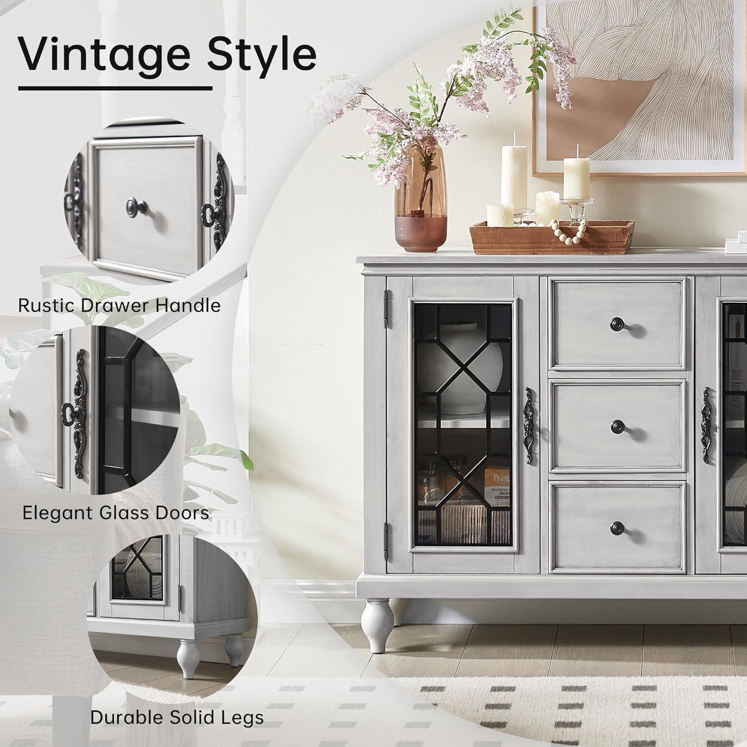 Antique White Wood 45 in. Kitchen Sideboard Buffet with 3 Storage Drawer Dining Room Cabinet Serving Wine Cupboard
