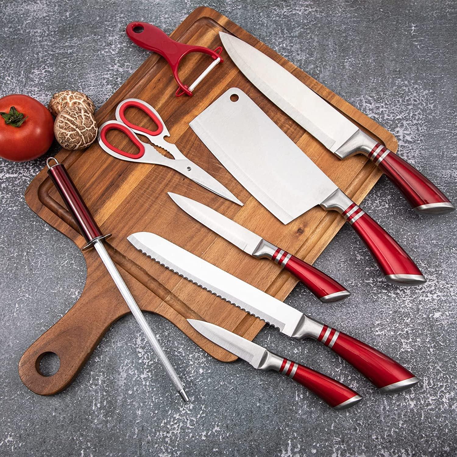 Kitchen Knife Set, 9-Pieces Red Coated Knife Block Set, Stainless Steel Chef knife Set with Sharpener Peeler Scissors, Sharp Non-Stick Knives Set with Rotatable Holder for Cutting Slicing Dicing