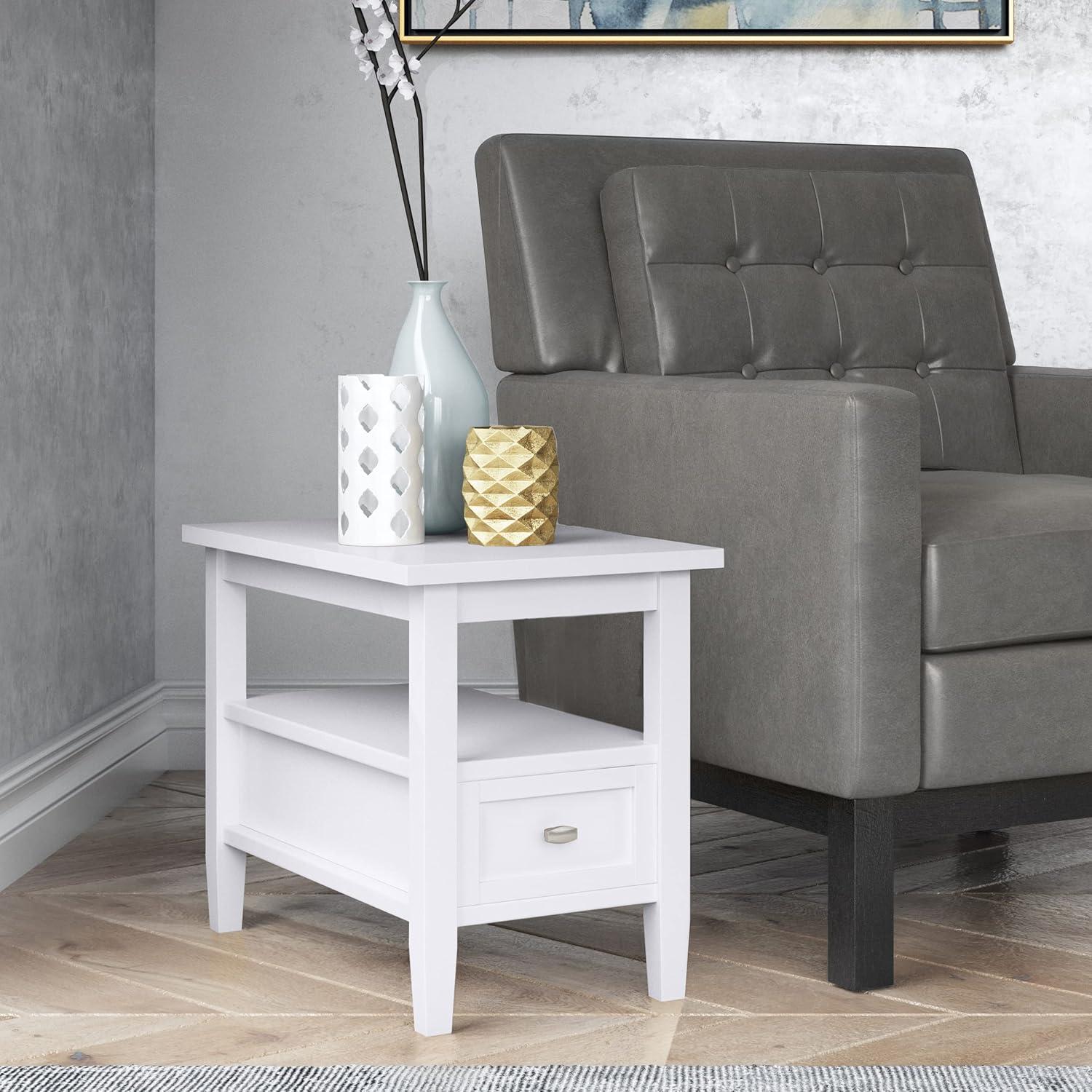 White Solid Wood and Metal Narrow Side Table with Storage