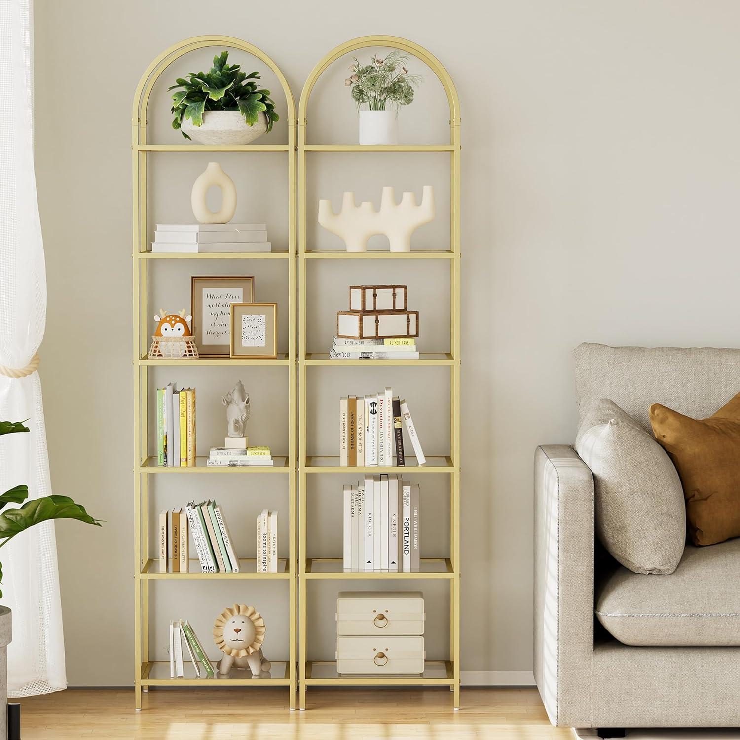 5 Tier Gold Bookshelf, Modern Storage Organizer Shelf, Metal Bookcase Stand for Office, Bedroom Kitchen Living Room