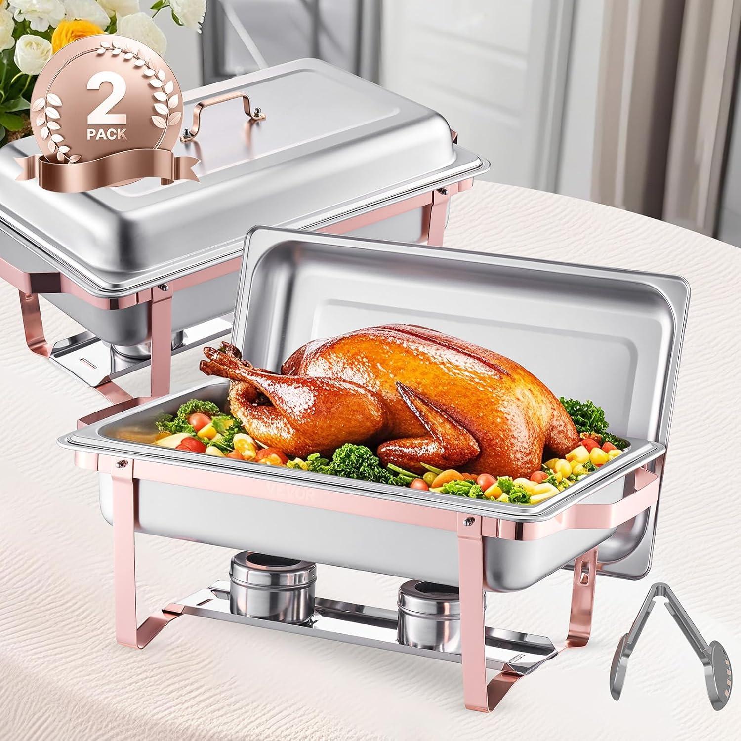 KFFKFF 2 Pack Chafing Dish Buffet Set, 8 Qt Stainless Steel Chafing Dishes with 2 Full Size Trays, Lid, Water Tray, Stand, and Fuel Holder, Ideal for Parties, Events, Wedding, Camping, Dinner