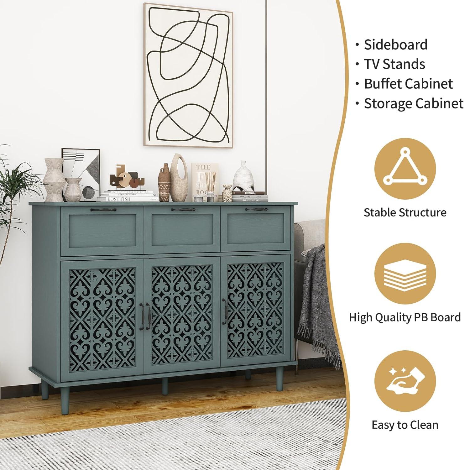 KINFFICT Sideboard Storage Cabinet with 3 Doors & 3 Drawers, Mid-Century 47"L Accent Cabinet for Living Room, Bedroom, Dark Green