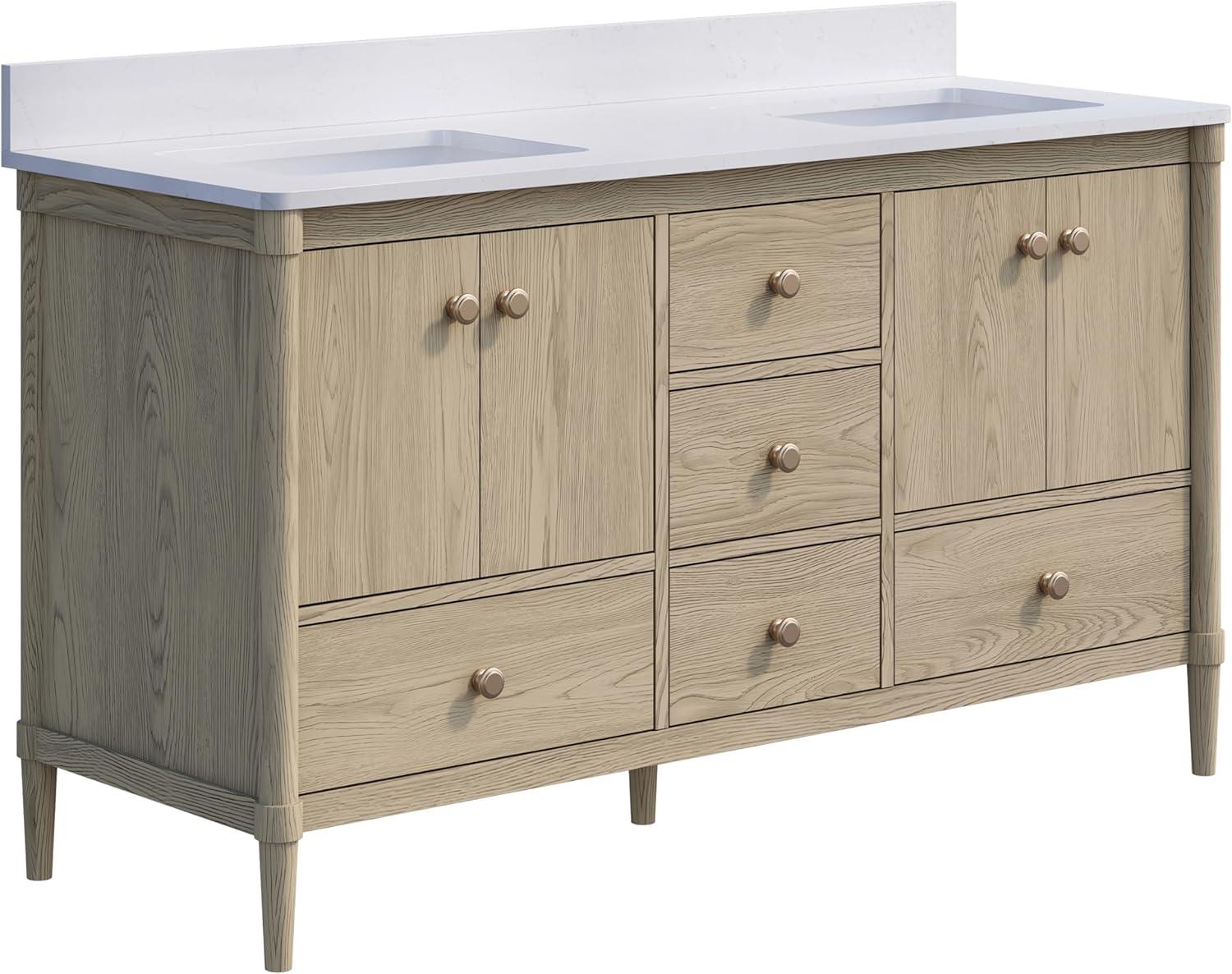 Wellfor 60 Inch Bathroom Vanity with Double Sinks, Freestanding Solid Wood Barhroom Sink vanity, Carrera White Marble Countertop, Bathroom Vanity Storage Organizer with 4 Doors and 5 Drawers, Oak Wood