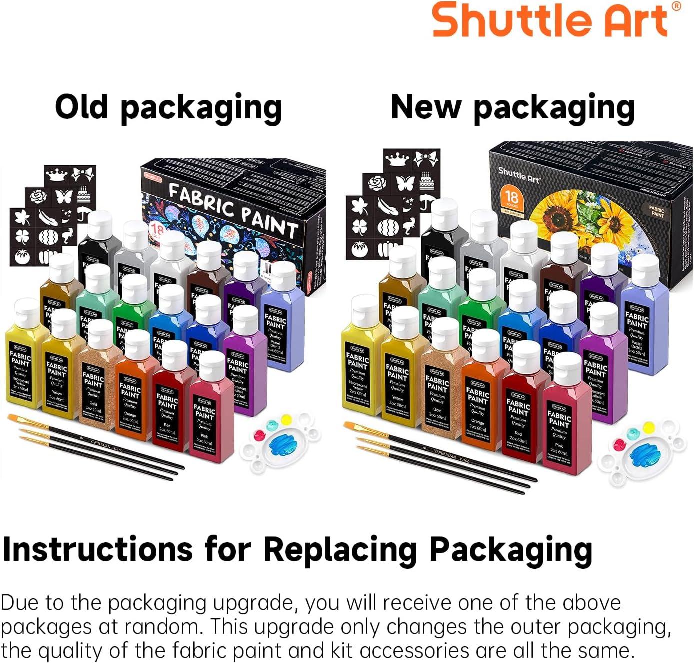 Metallic Fabric Paint, Shuttle Art 18 Metallic Colors Permanent Soft Fabric Paint in Bottles (60ml/2oz) with Brush and Stencils, Non-Toxic Textile Paint for T-shirts, Shoes, Jeans, Bags & DIY Projects