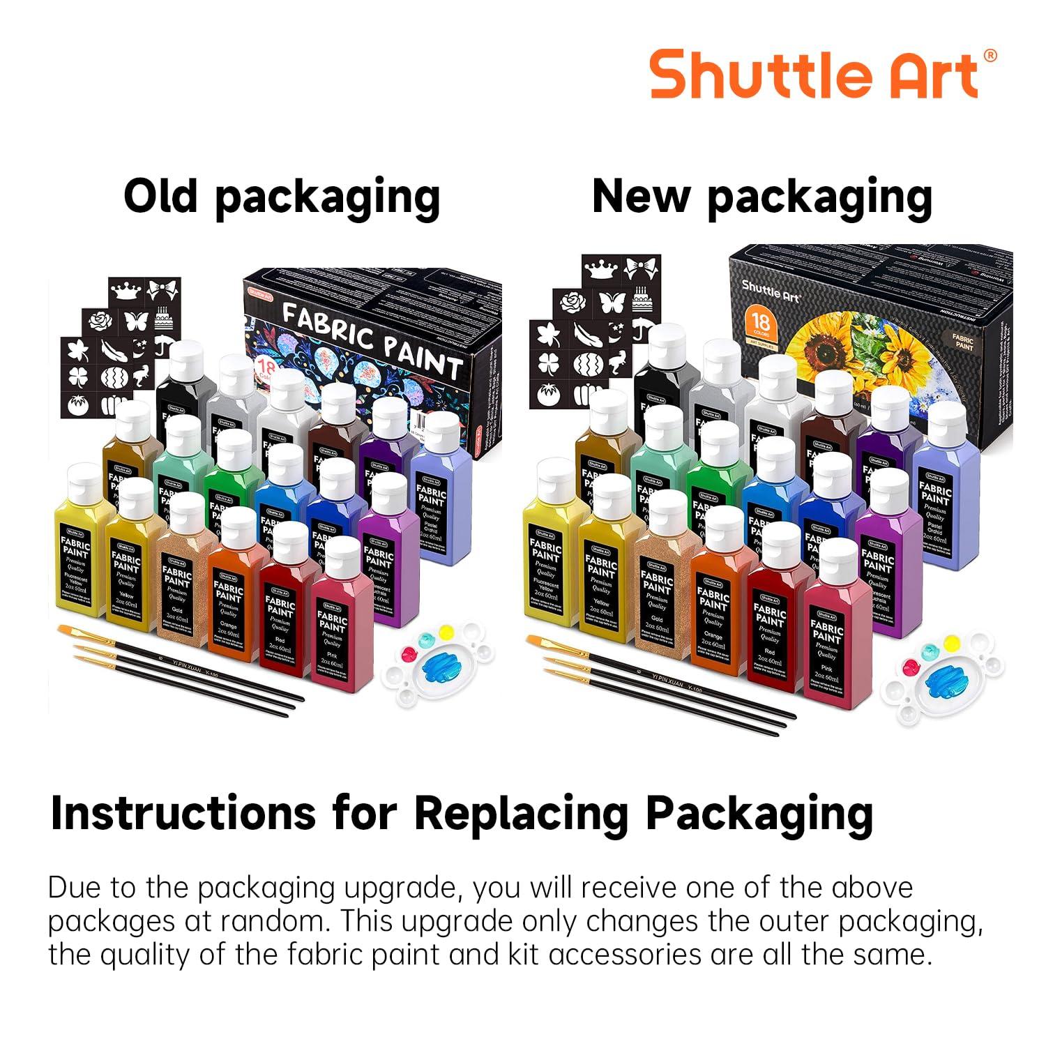 Metallic Fabric Paint, Shuttle Art 18 Metallic Colors Permanent Soft Fabric Paint in Bottles (60ml/2oz) with Brush and Stencils, Non-Toxic Textile Paint for T-shirts, Shoes, Jeans, Bags & DIY Projects
