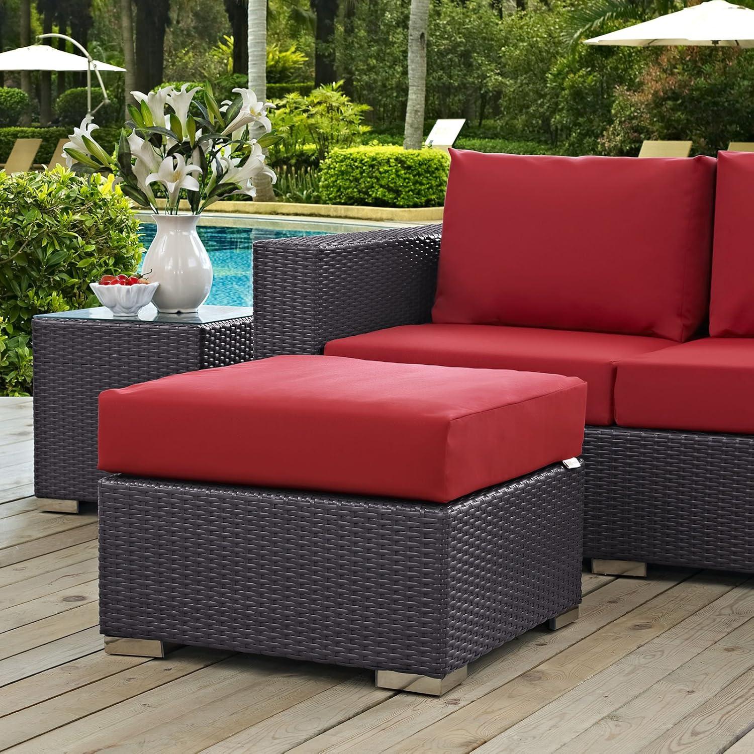 Modway Convene Square Fabric and Rattan Patio Ottoman in Espresso/Red