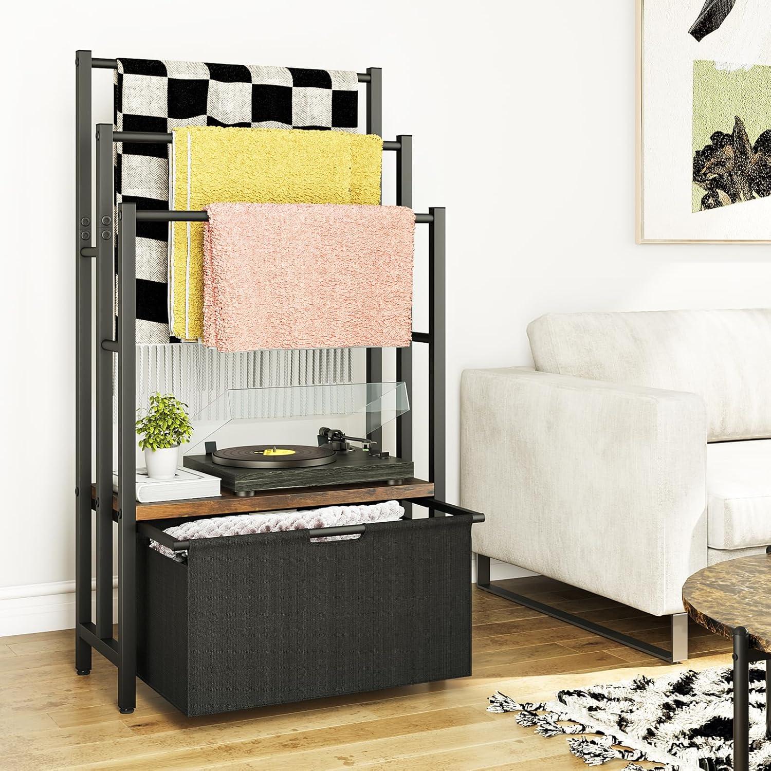 Freestanding Towel Rack With Drawers, SDXYSTCE 3 Tiers Standing Blanket Racks For Bedroom, 23.6" L X 11.8" W X 43.3" H, Blanket Holder With Shelf, Upgrade Steady Design,