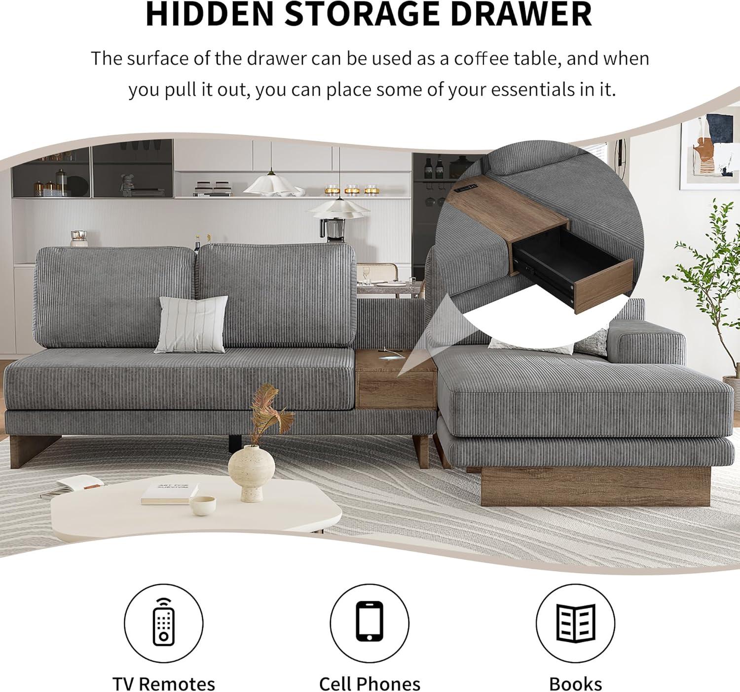 114" L-shaped Sofa Sectional Sofa with Two USB Ports and Two Power Sockets, A Storage Drawer and A Reversible Chaise Lounge for Living Room