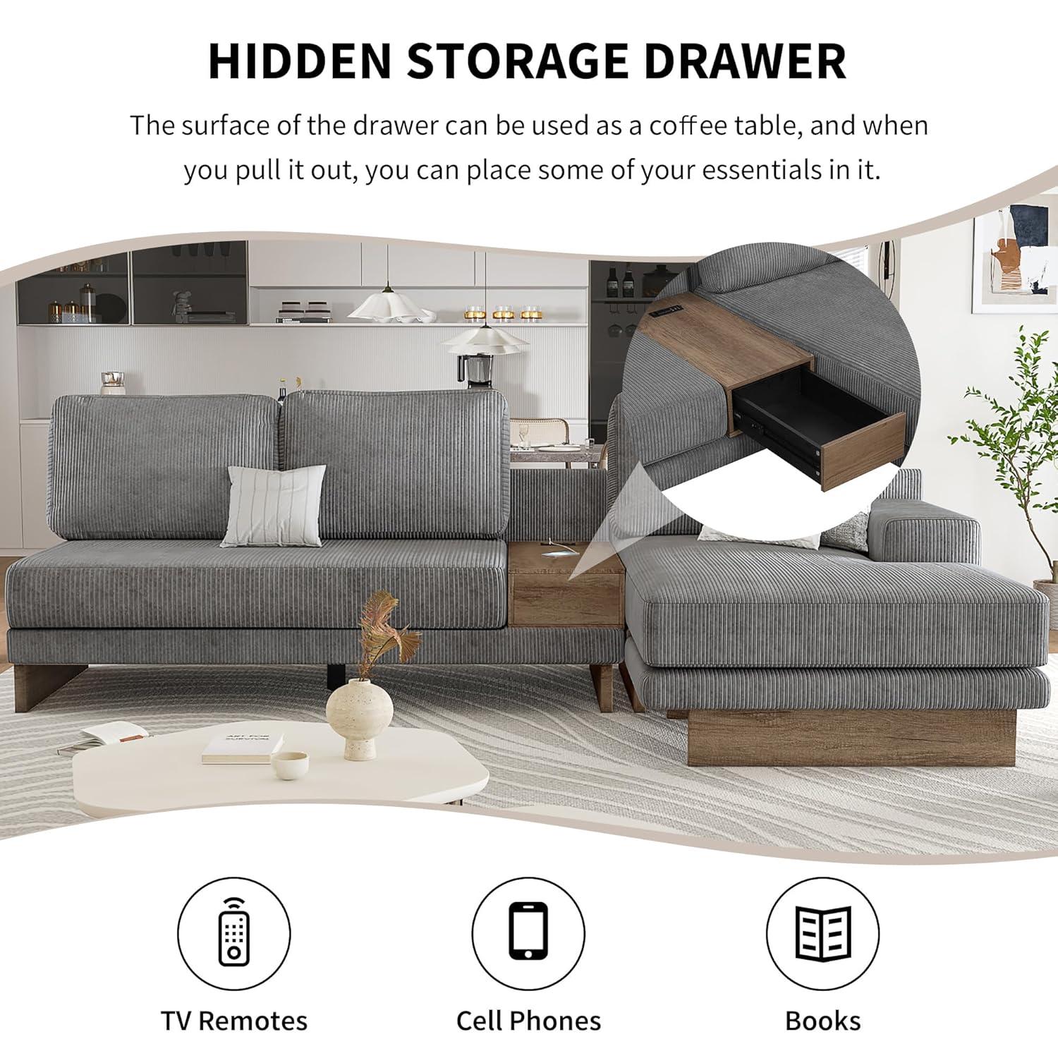 114" L-shaped Sofa Sectional Sofa with Two USB Ports and Two Power Sockets, A Storage Drawer and A Reversible Chaise Lounge for Living Room