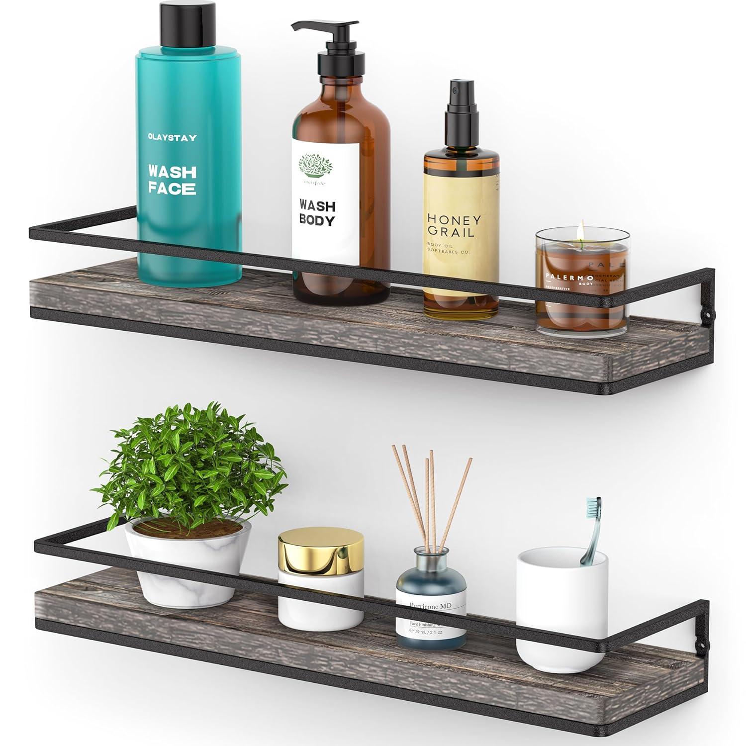 Floating Shelves Wall Mounted Set Of 2, Rustic Wood Wall Storage Shelves For Bedroom,Living Room,Bathroom, Kitchen