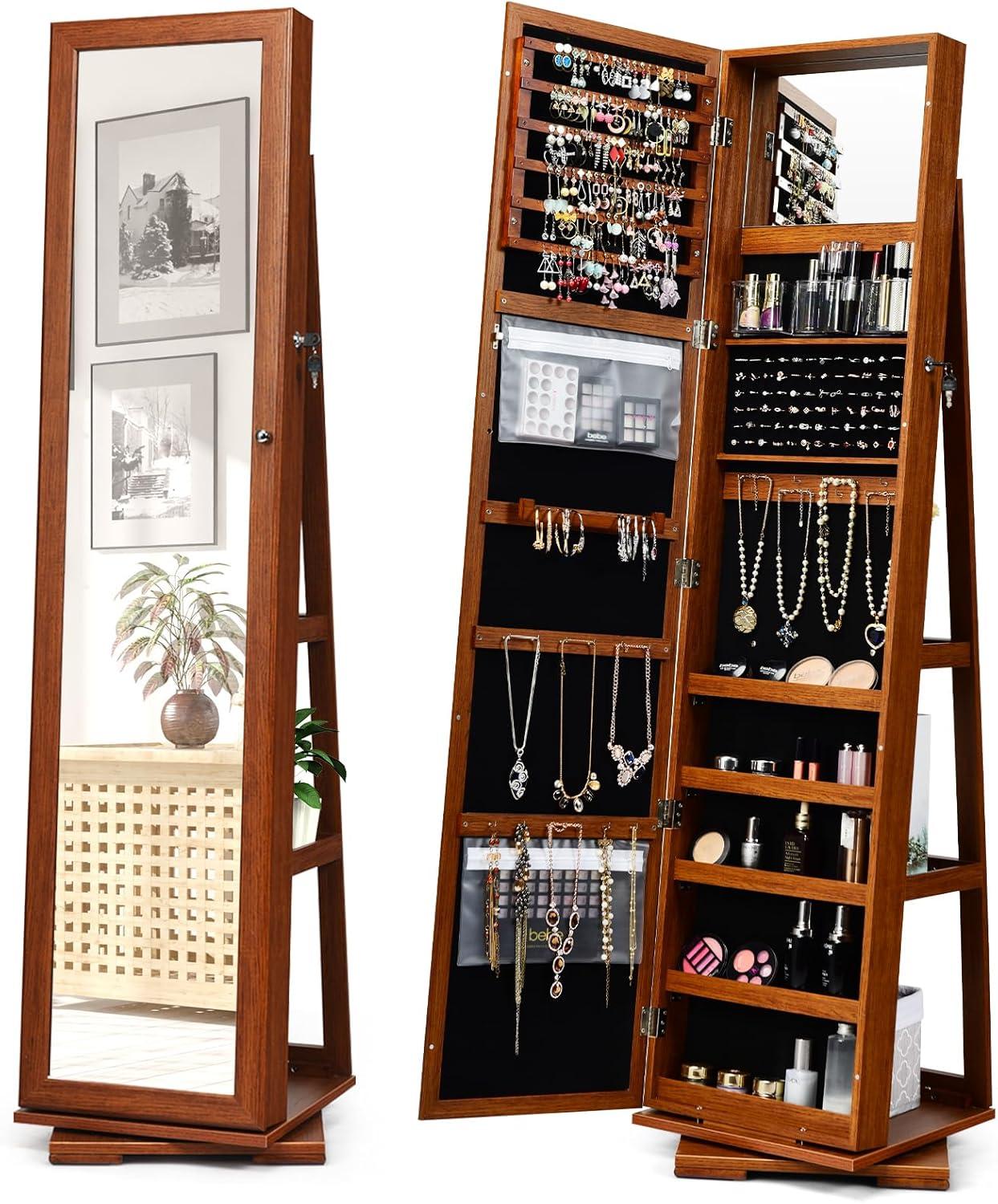 Walnut Floor Standing Jewelry Armoire with Full-Length Mirror