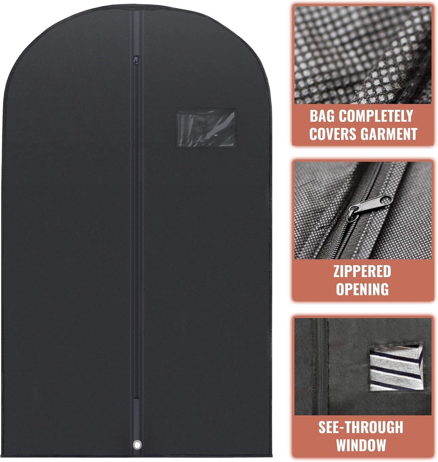 PLX 40" Black Garment Bags Suit Bag for Travel & Clothing Storage of Dresses, Shirts, Fur Coats, Jackets & Costumes - Hanging Closet Garment Protector