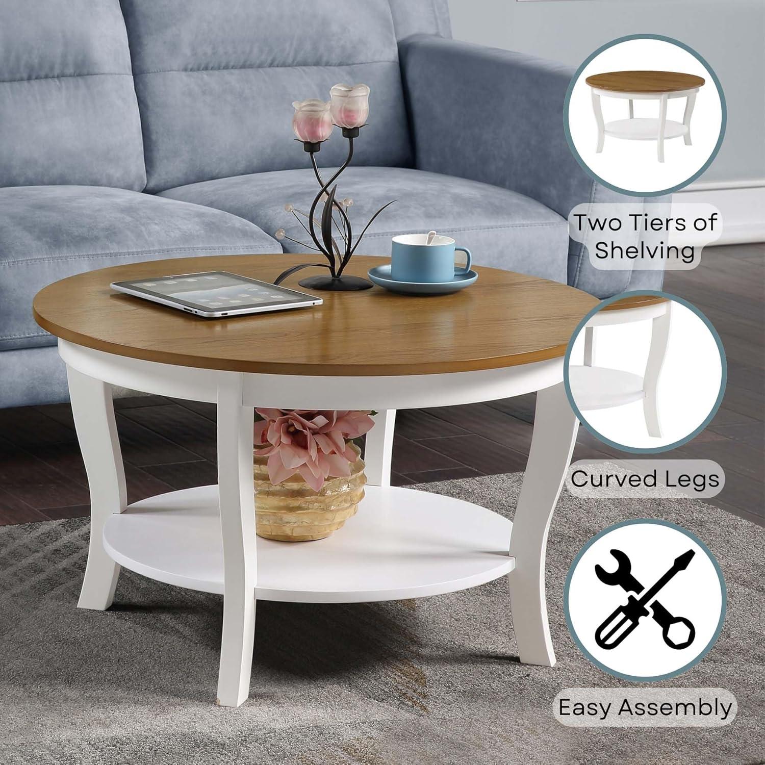 Convenience Concepts American Heritage Round Coffee Table with Shelf, Driftwood/White Wood Finish