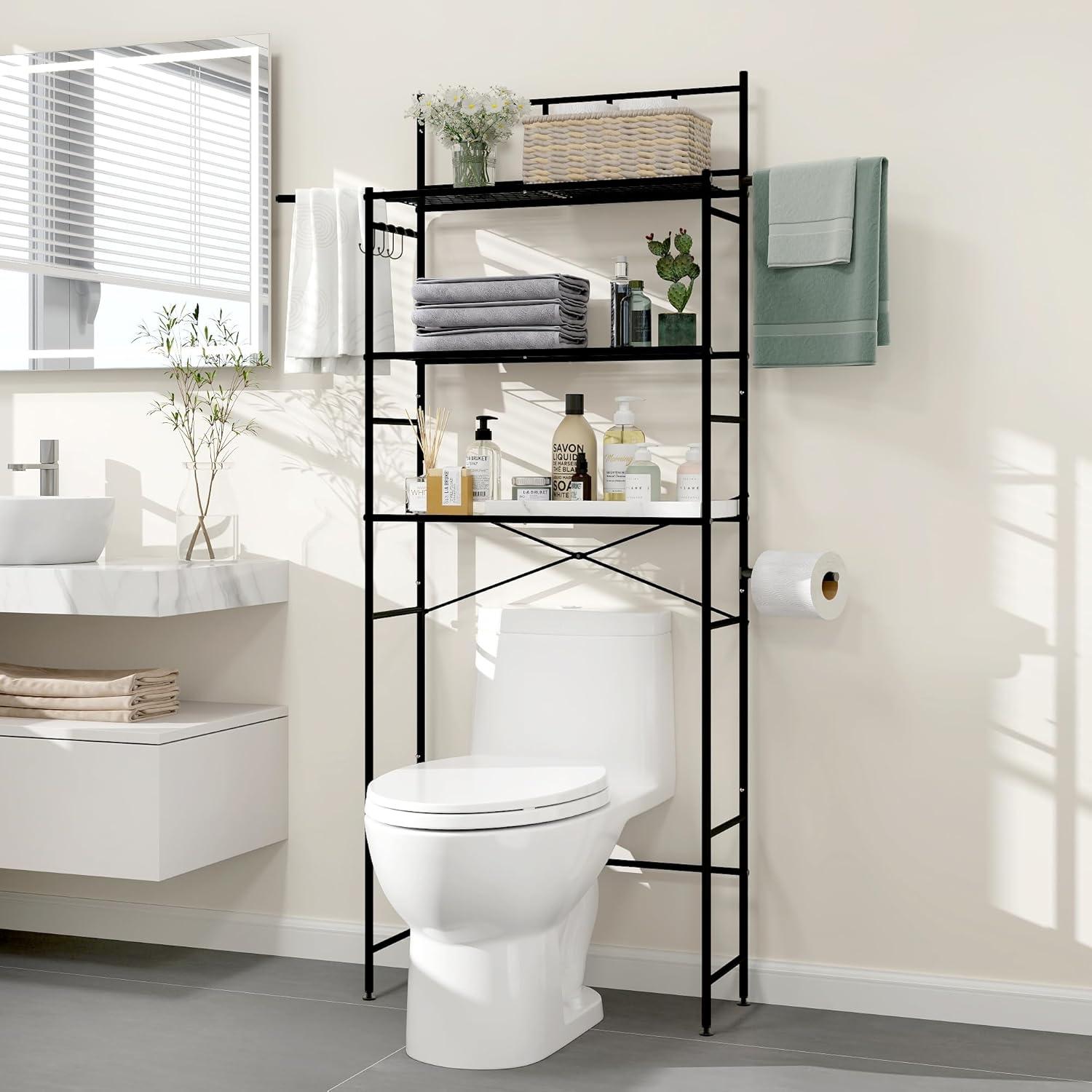 Black Adjustable Over-the-Toilet 3-Tier Storage Rack with Hooks