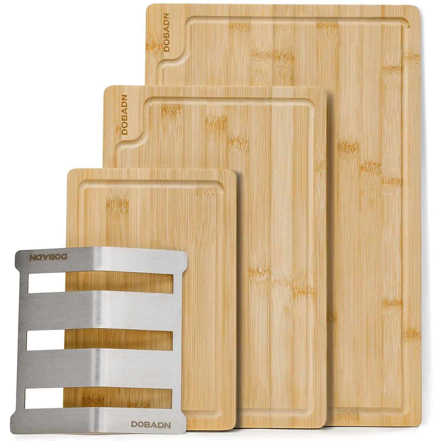 Bamboo Cutting Board Set for Kitchen,Set of 3 Chopping Boards with Juice Groove, Natural Wood Cutting Boards with Stainless Steel Holder, Cutting Board Set for Butcher Block, Cheese, Vegetables