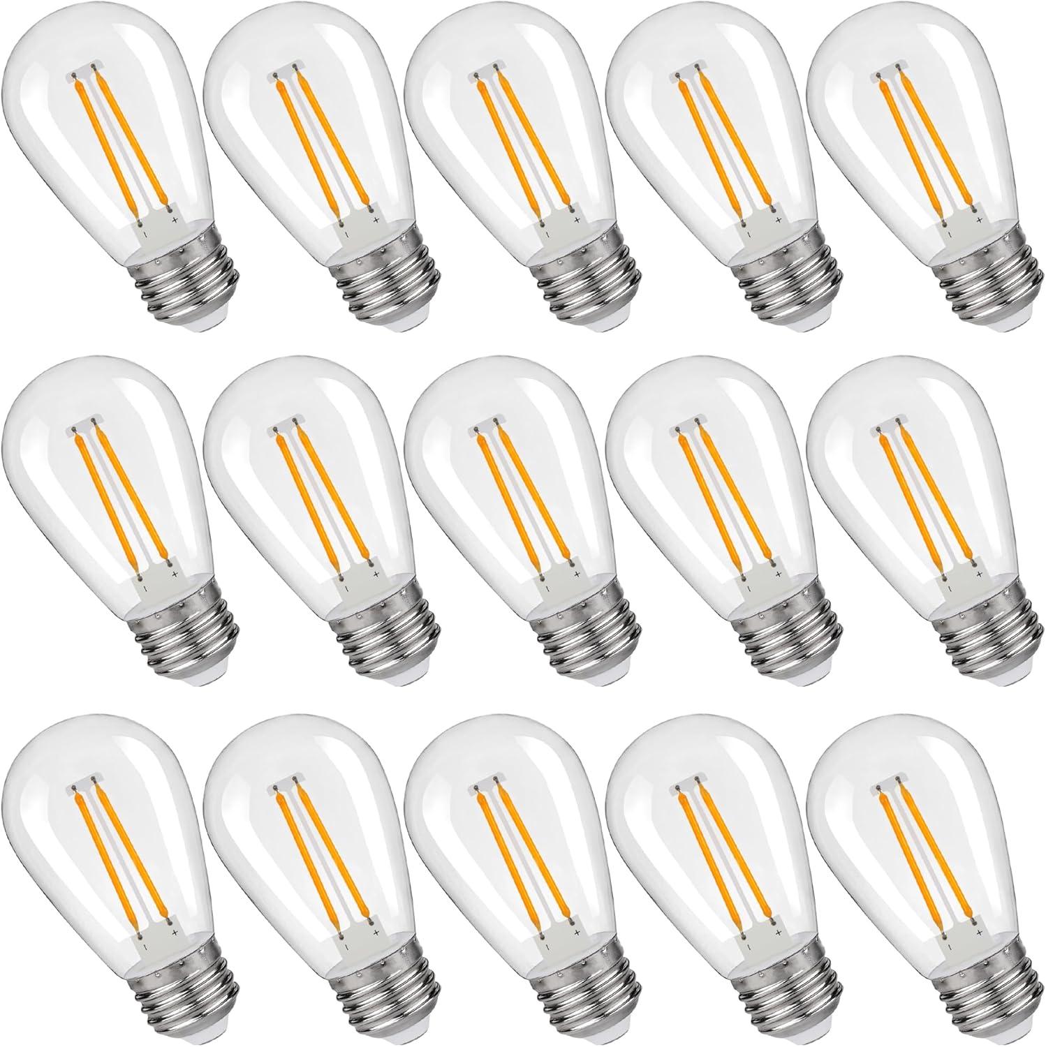 Svater Replacement Bulbs for Outdoor String Lights, 15 Pack S14 LED Bulbs for Patio, E26 Base 1W Bulb Equal to 11W Incandescent, Dimmable,Shatterproof 2700K Warm White
