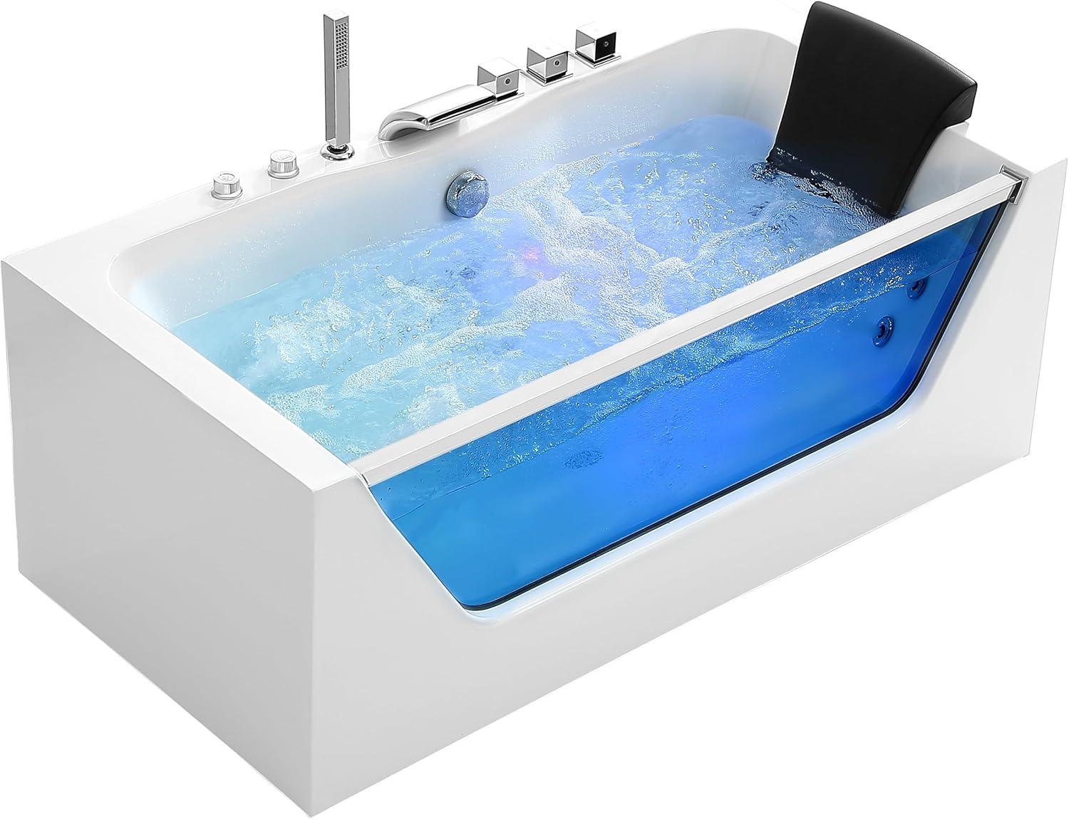 59-Inch White Acrylic Rectangular Whirlpool Bathtub with Jets and Blue Glass Panel