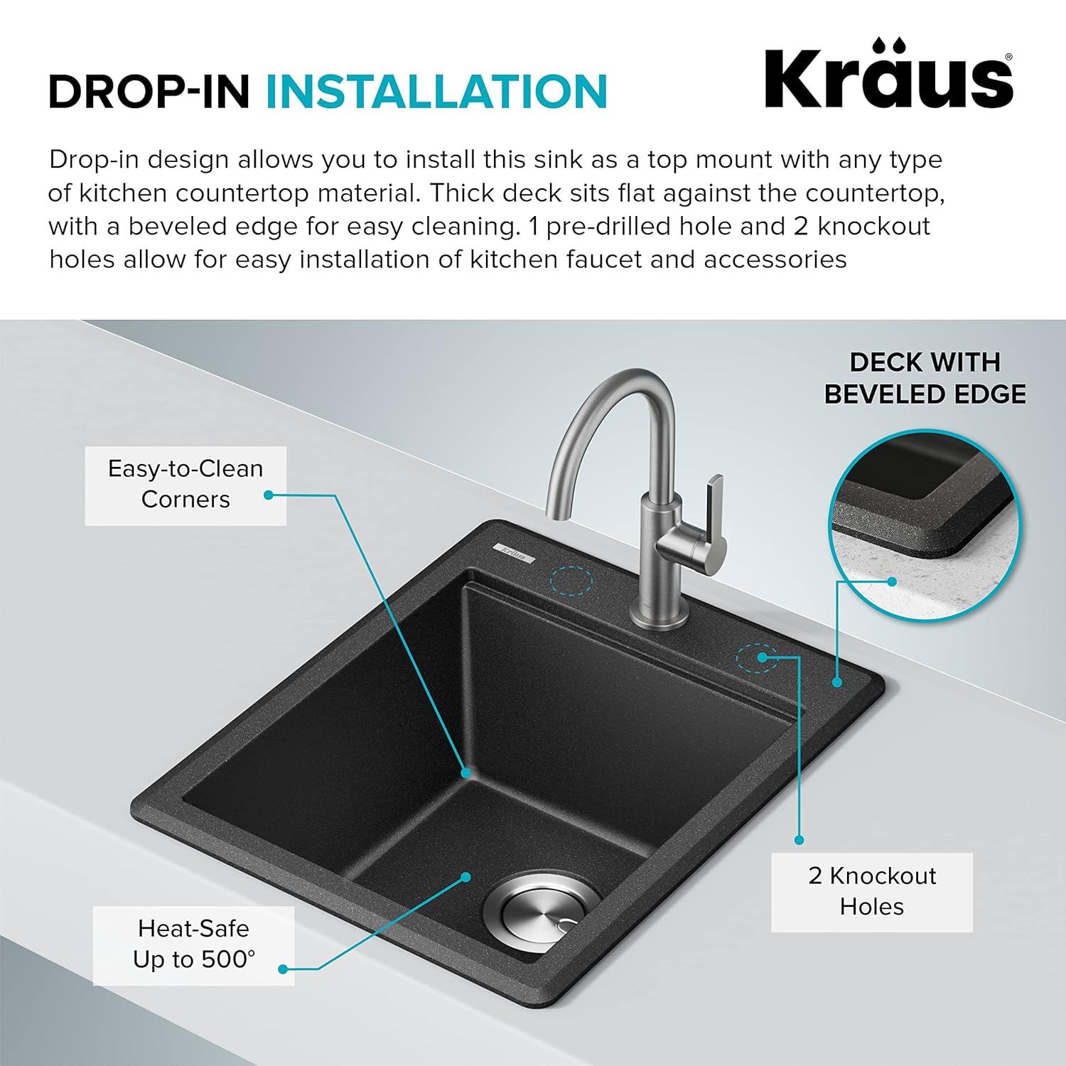 KRAUS Bellucci 28” Granite Workstation Drop In Top Mount Single Bowl Kitchen Sink with Accessories