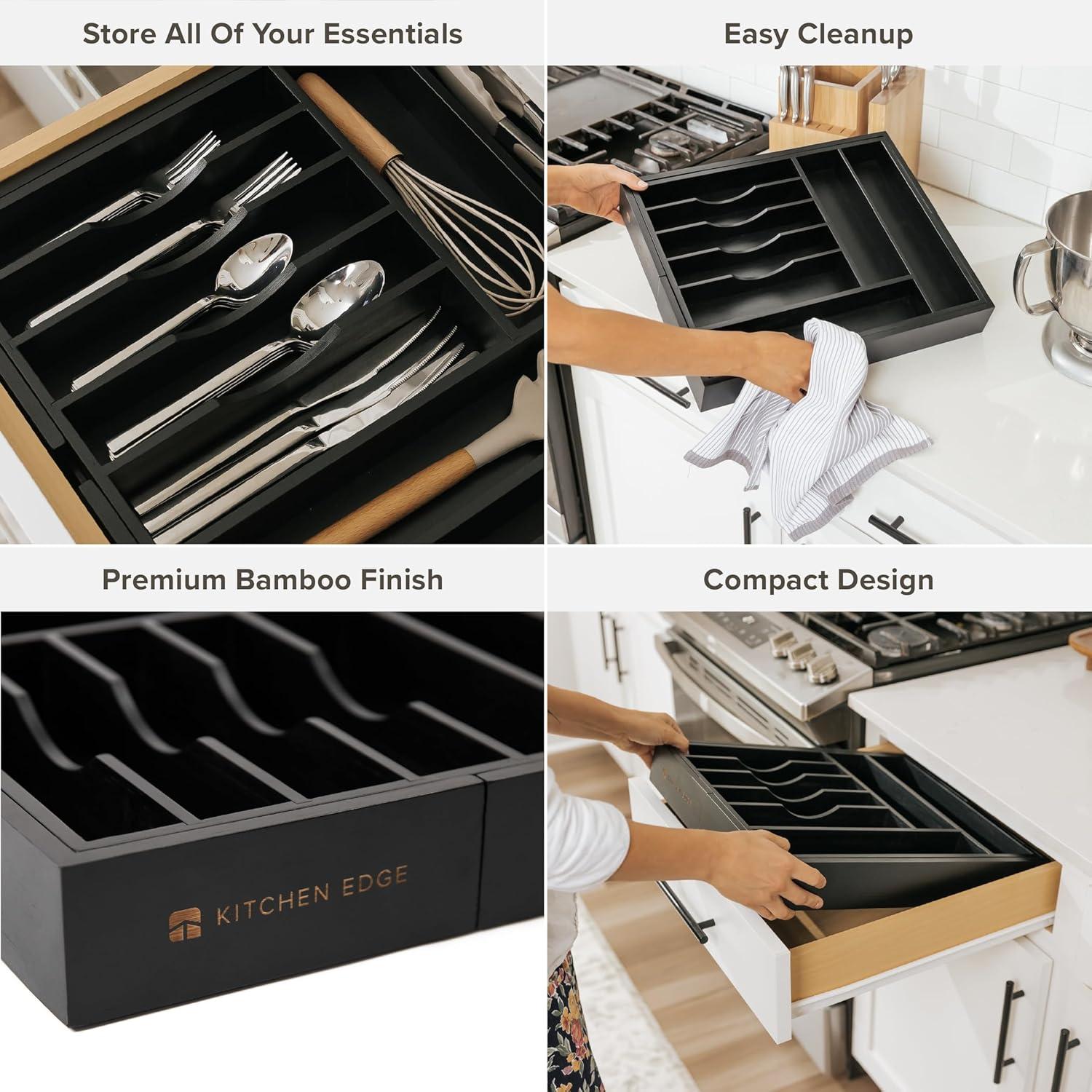 KitchenEdge Premium Silverware, Flatware and Utensil Organizer for Kitchen Drawers, Expandable 15 to 25 Inches Wide, 10 Compartments, Food-Safe Contract Grade Black Finish 100% Sustainable Bamboo Wood