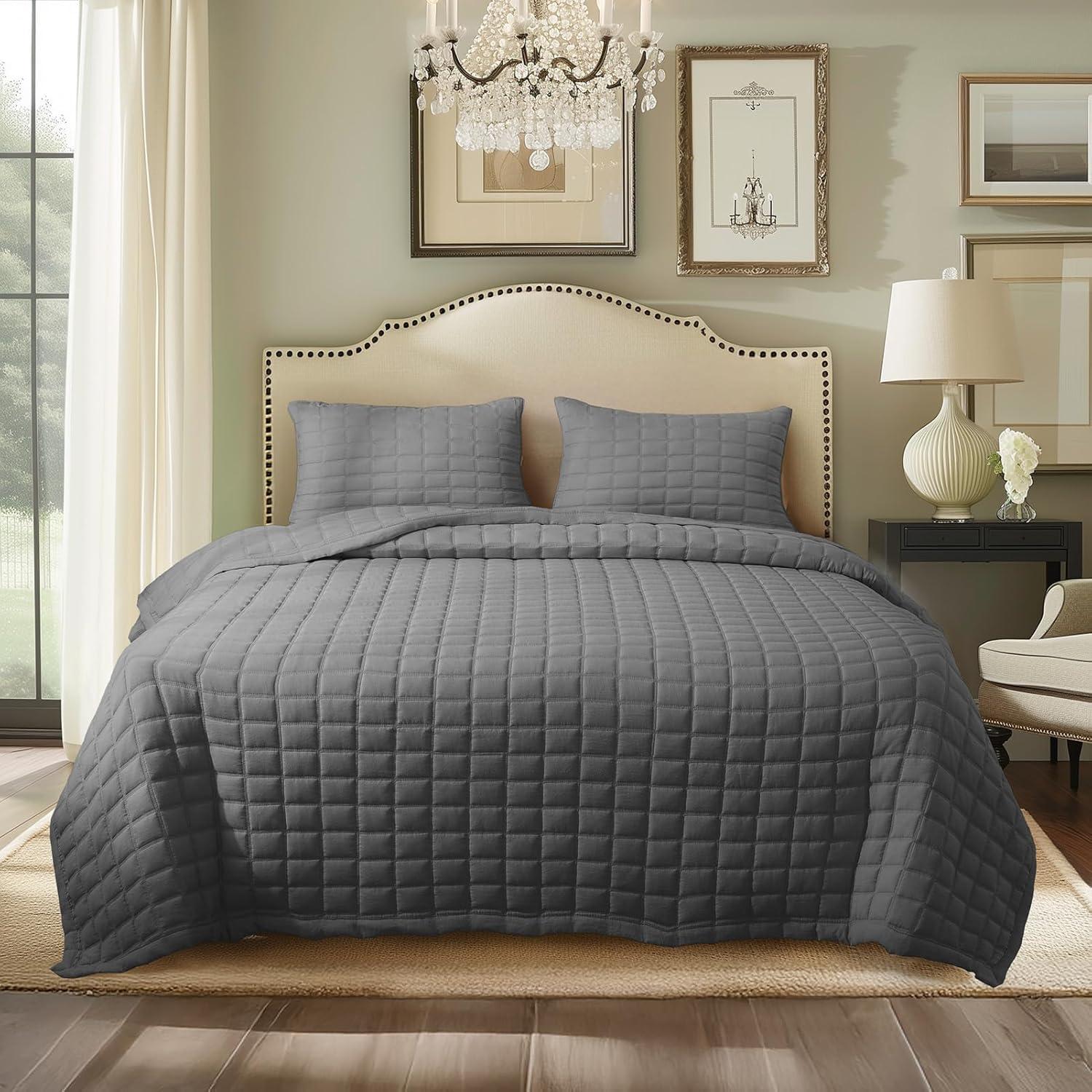 Dark Grey Reversible Microfiber Queen Quilt Set