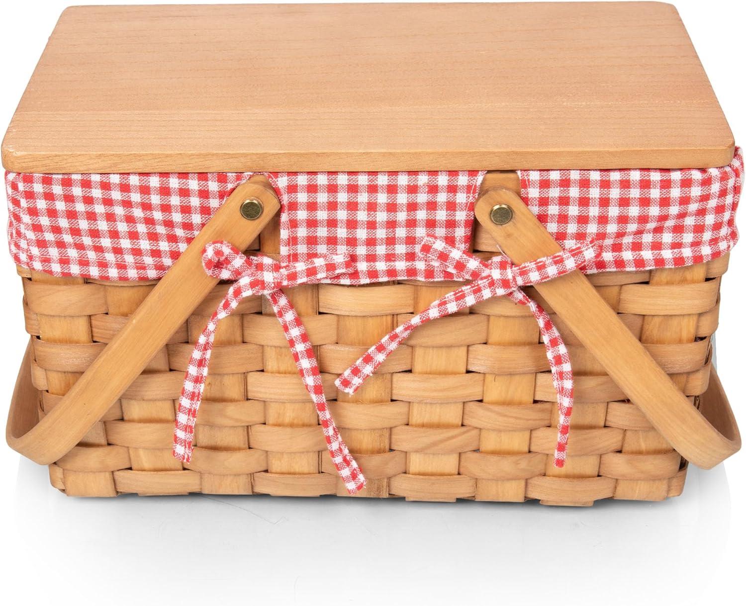 Natural Wicker Picnic Basket with Red Gingham Liner and Bamboo Serveware