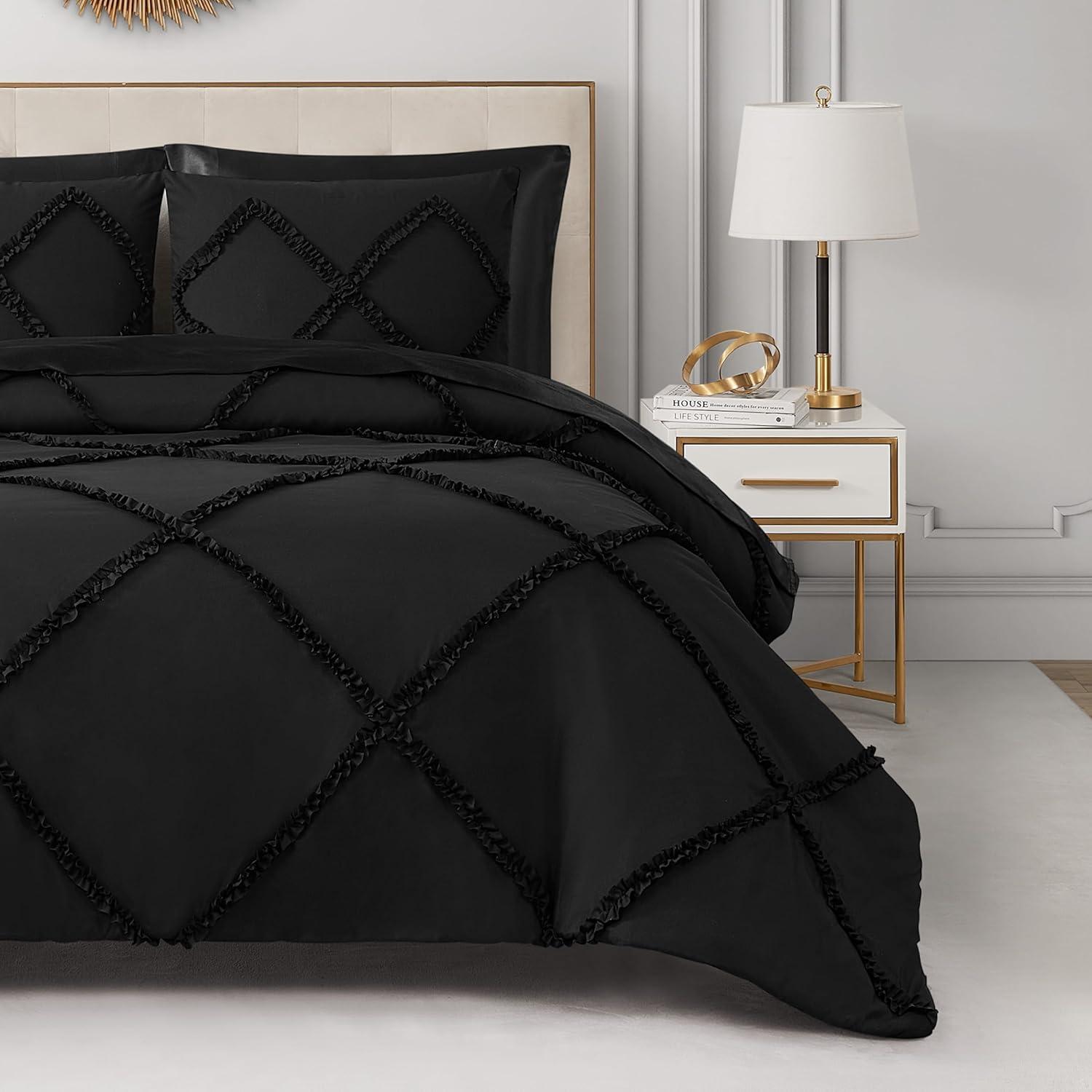 Full Black Microfiber Diamond Ruffle Reversible Comforter Set