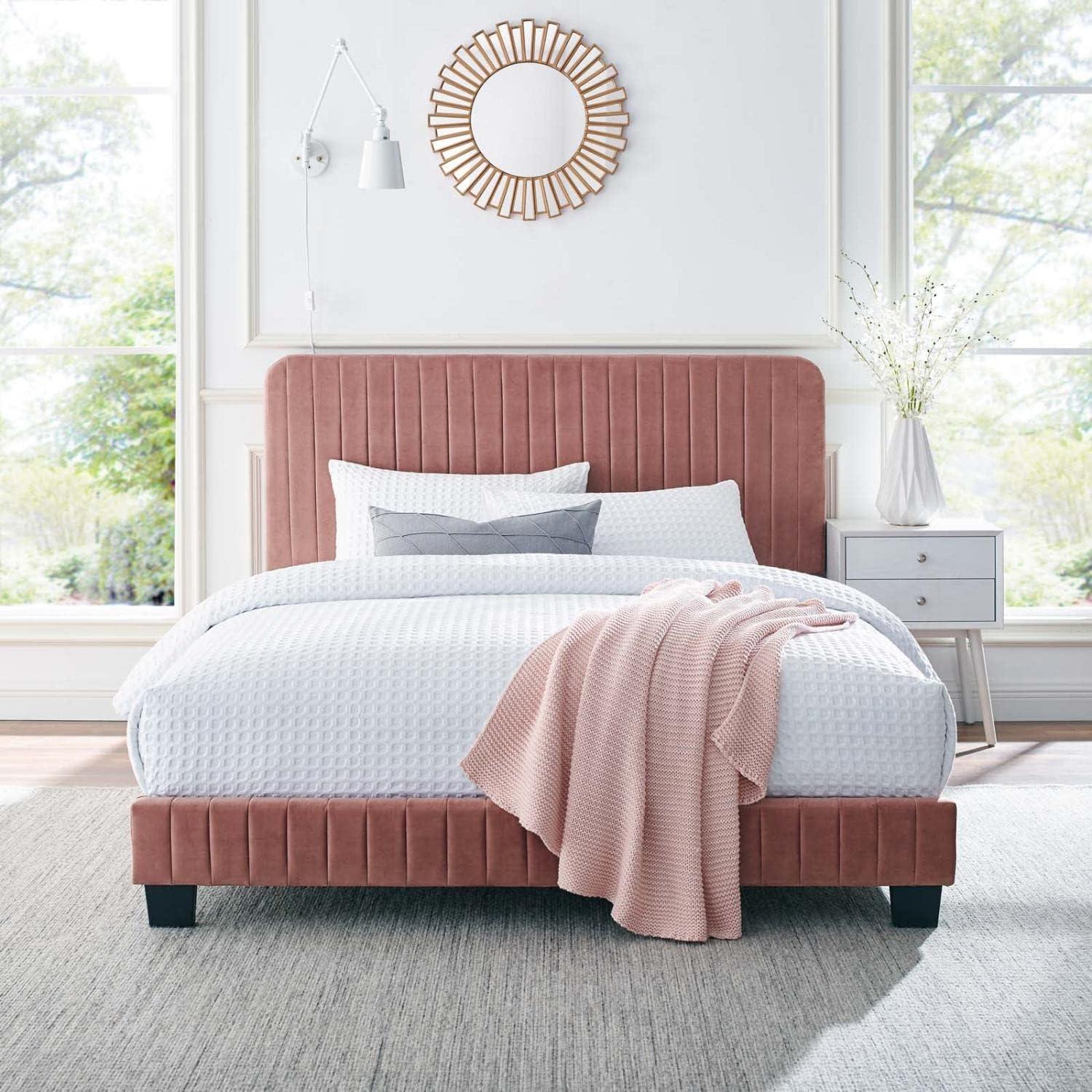 Modway Celine Channel Tufted Performance Velvet Queen Platform Bed in Dusty Rose