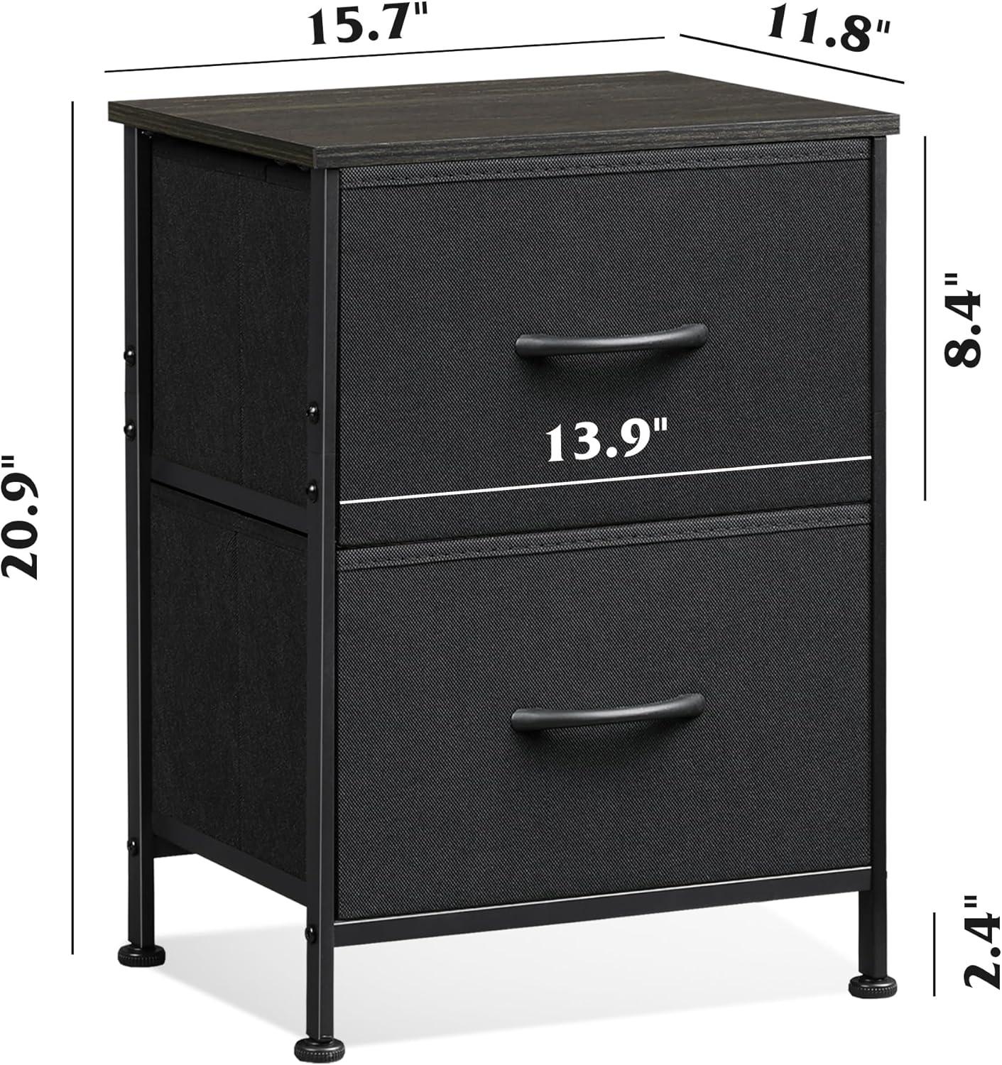 Black Fabric 2-Drawer Nightstand with Steel Frame